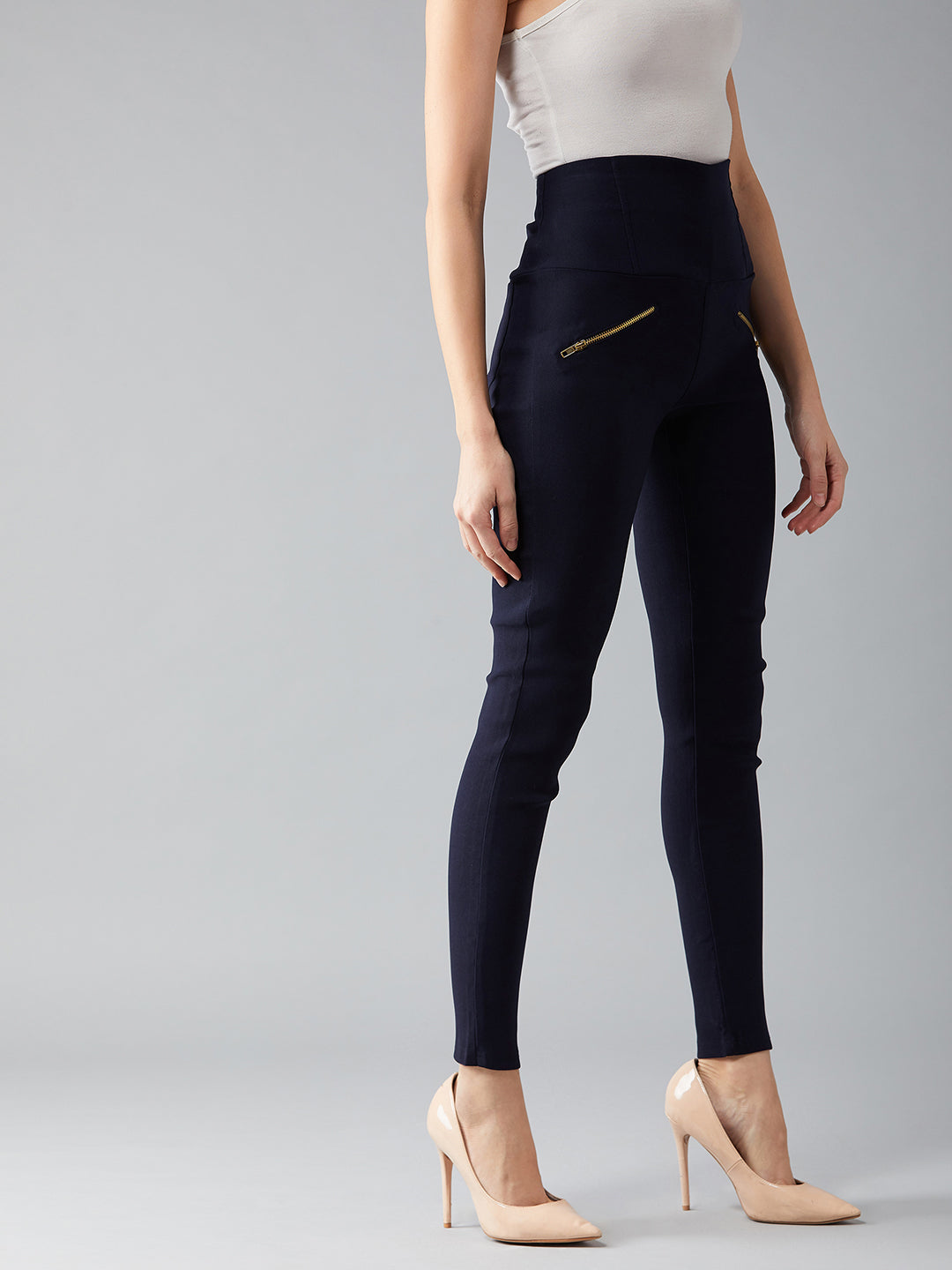Women's Navy Blue Solid Skinny High-Waist Regular Length Zipper Detailing Treggings