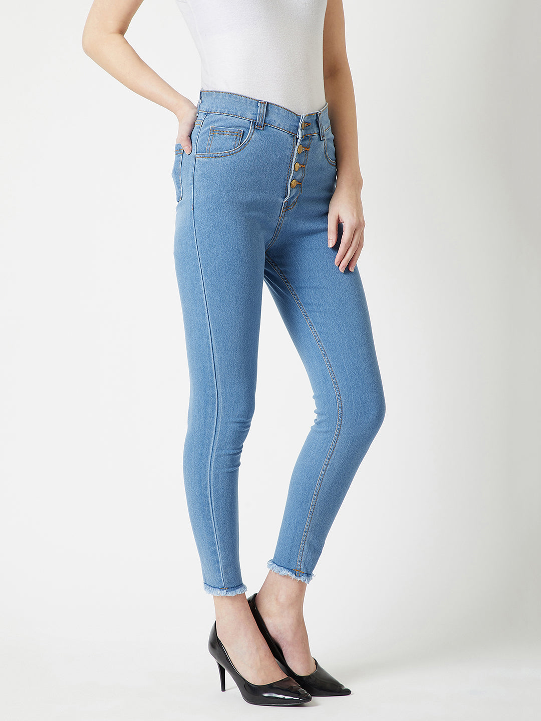 Women's Blue Skinny Solid High-Rise Clean-Look Cropped Fringed Hemline Detailing Stretchable Denim Jeans