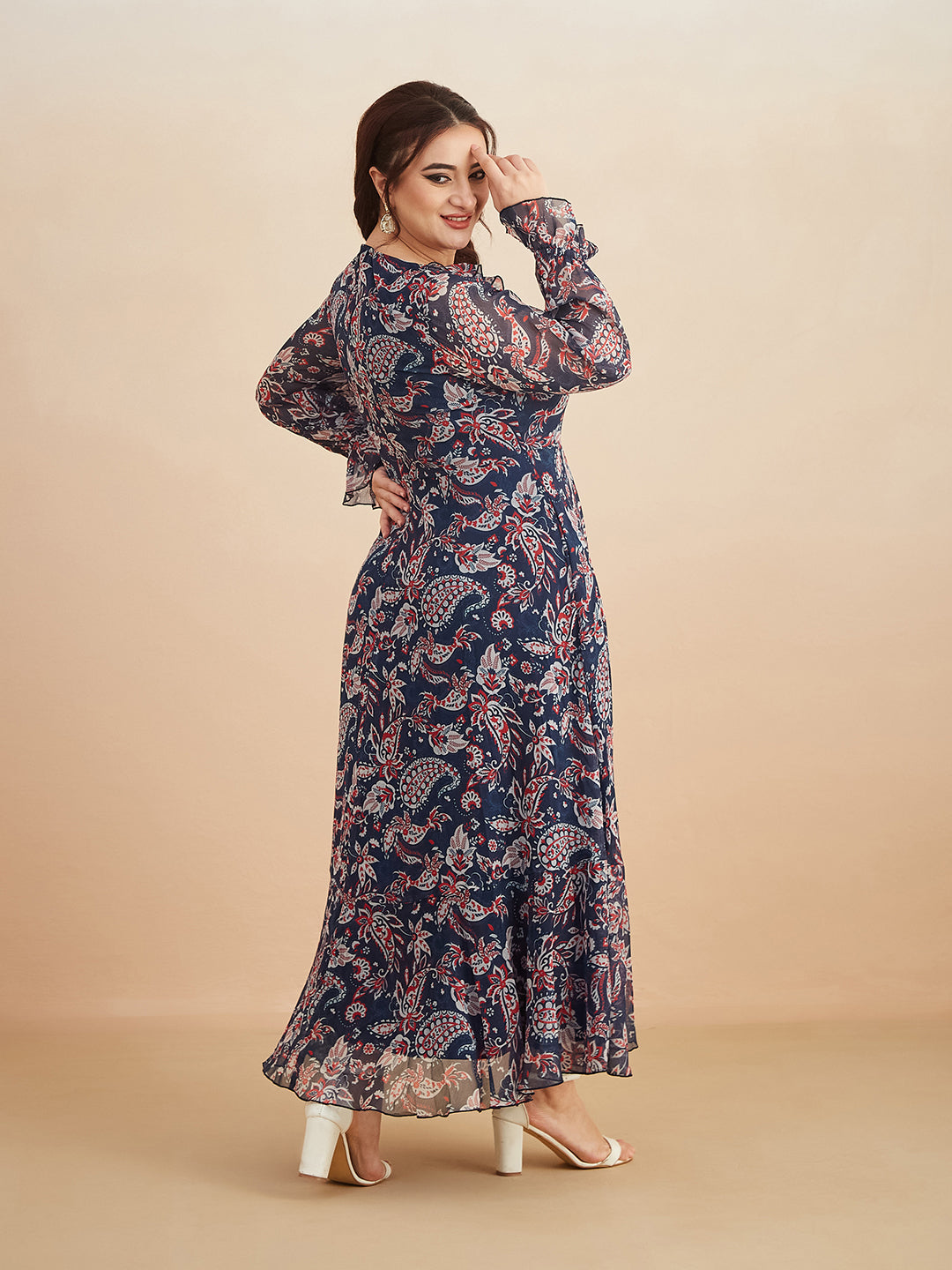 Multicolored-Base-Navy-Blue V Neck Full Sleeves Polyester Relaxed Fit Midi Length Dress for Women