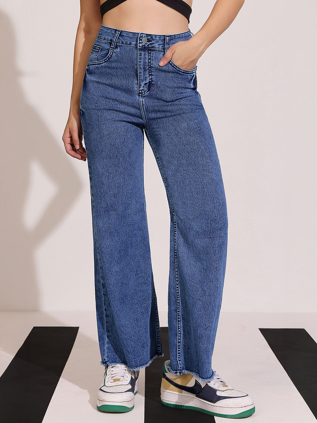 Women's Navy-Blue Wide Leg High-Rise Clean Look Regular Stretchable Denim Jeans