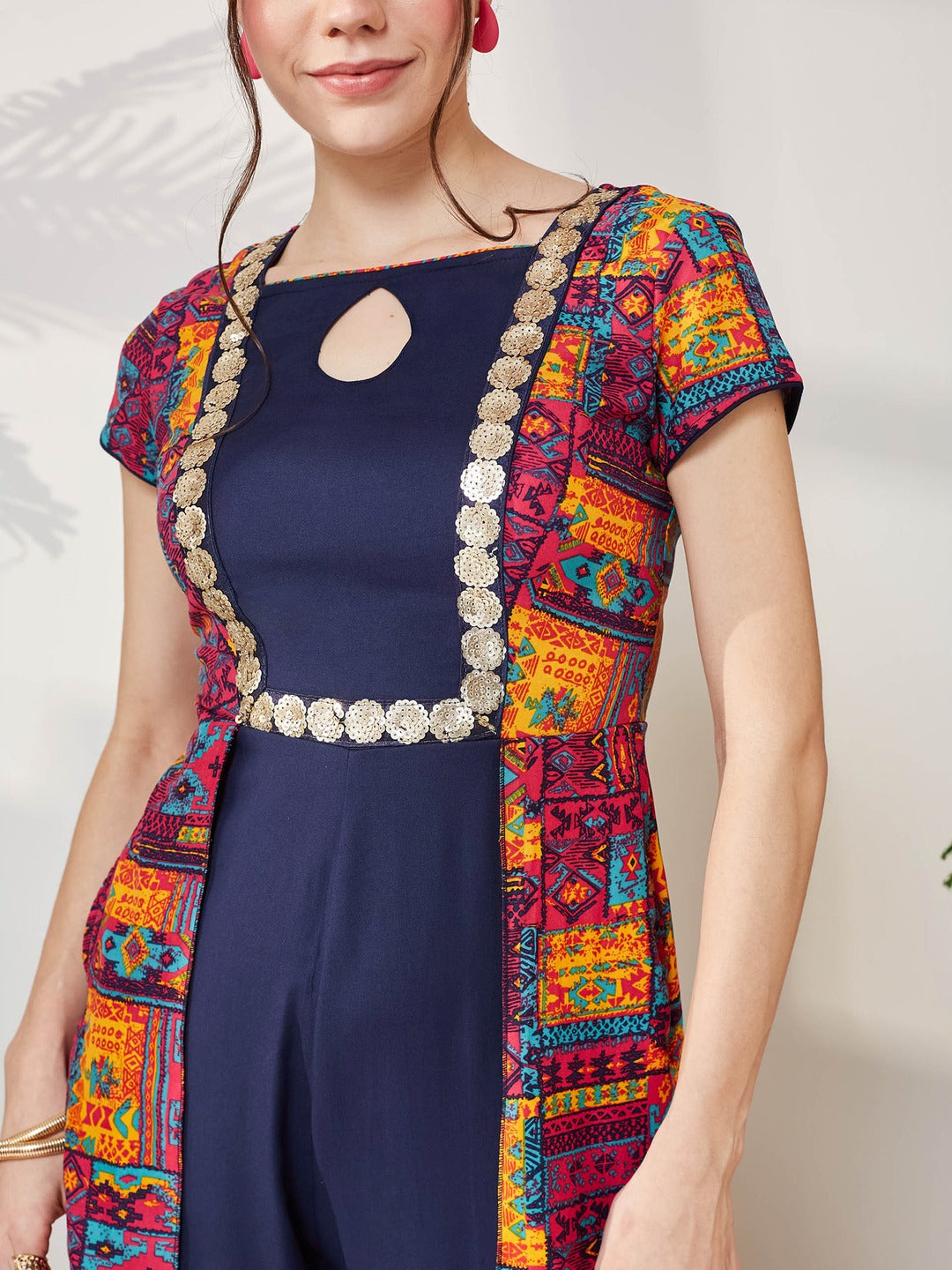 Navy Blue Keyhole-Neck Regular Sleeve Bohemian Paneled Viscose-Rayon Regular-Length Jumpsuit for Women