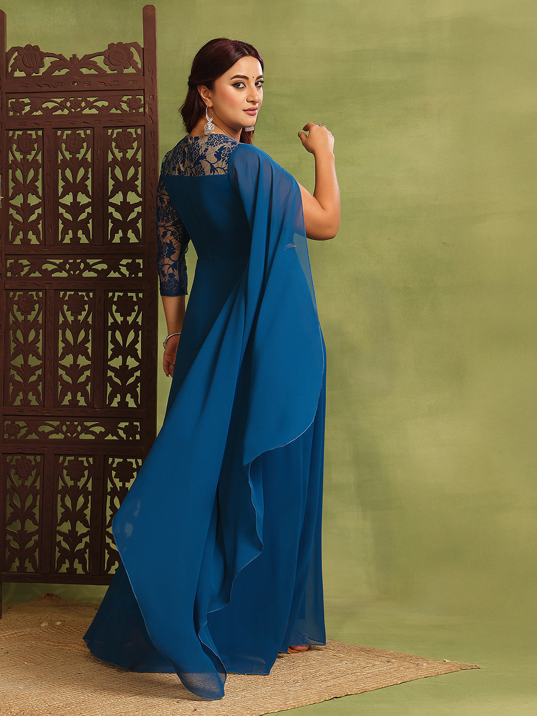 Royal Blue Assymetric Long Sleeves Lace Maxi Dress for Women