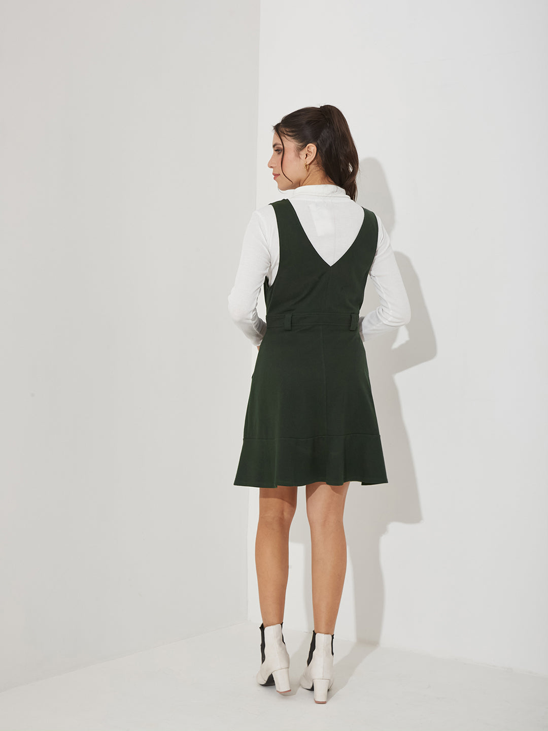 Bottle Green Solid Polyester Pinafore Dress with Zipper Detail and Side Pockets for Women — Miss Chase