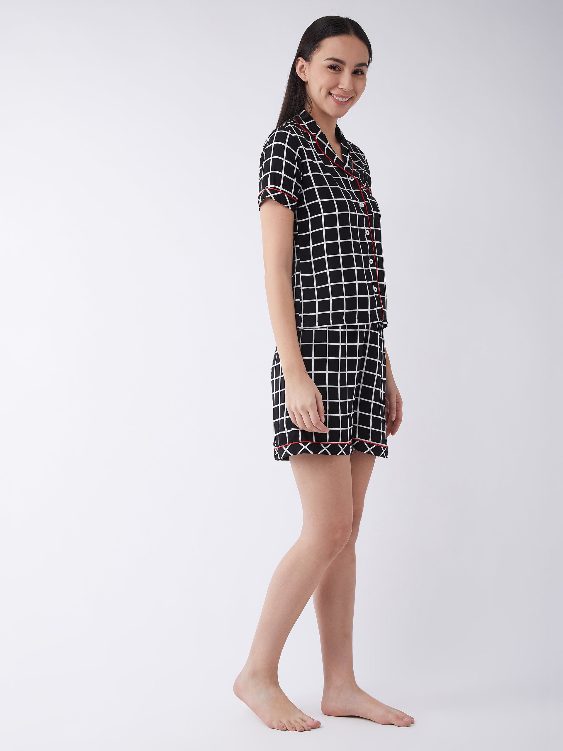 Women's Black Collared Short Sleeves Printed Regular length Top & Shorts Set