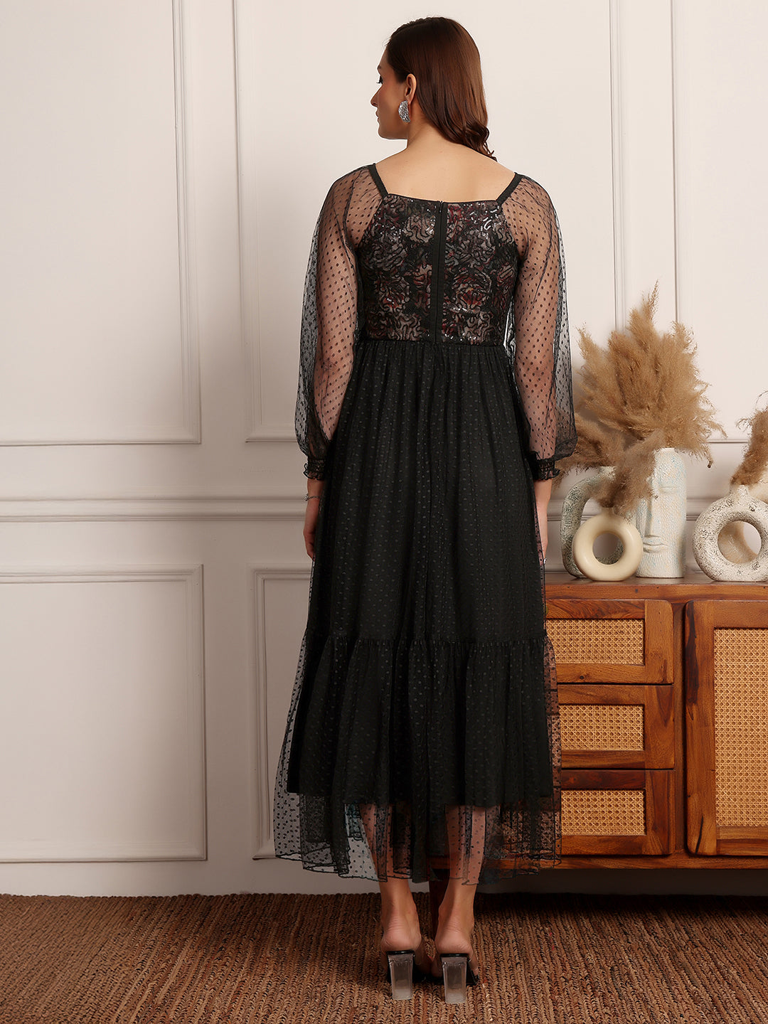 Black Square Neck Raglan Sleeve Floral Tiered Midi Dress for Women