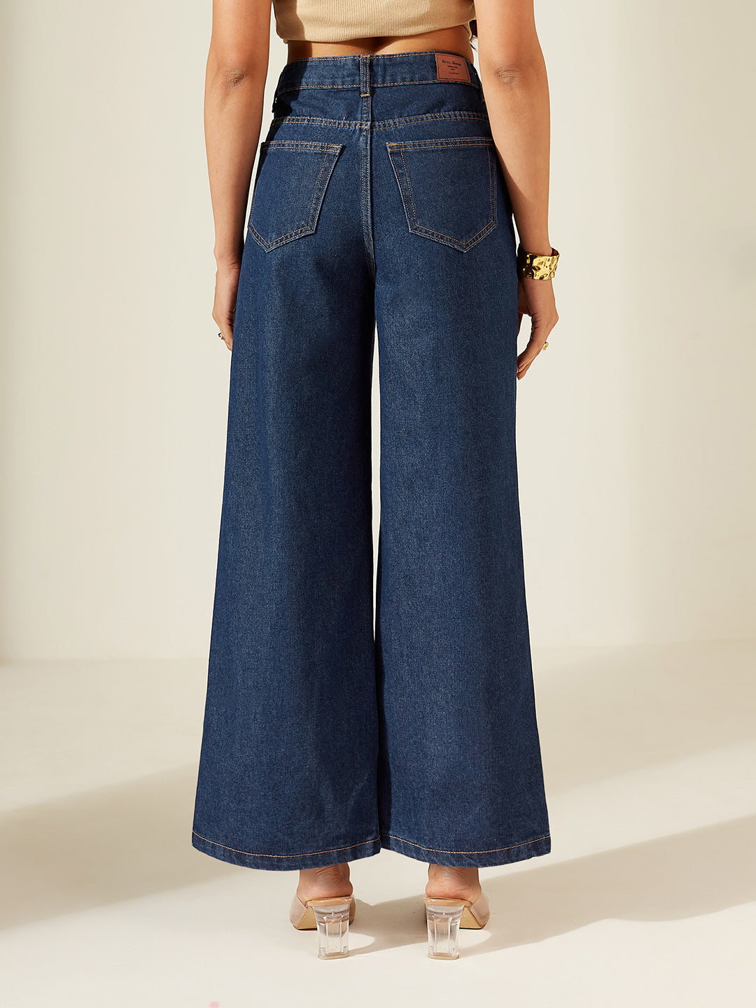 Navy Blue Wide-Leg High-Rise Non-Stretchable Denim Jeans with Hand-Crafted Contrast Beige Embroidery for Women