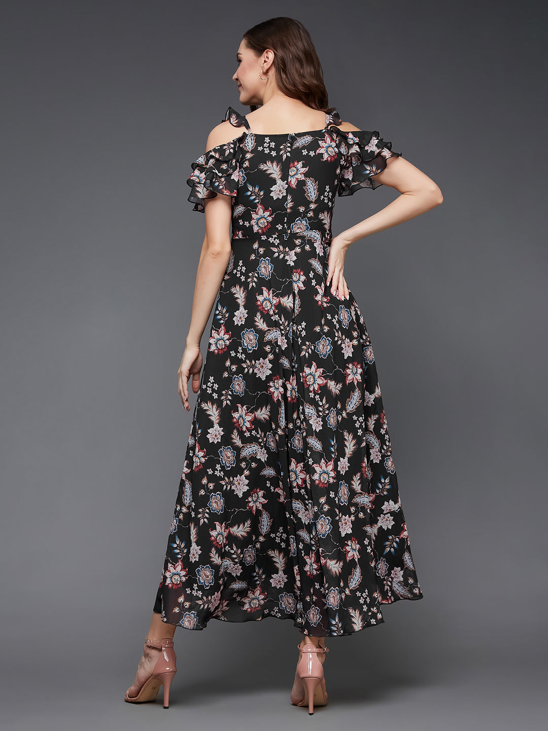Women's Multicolored-Base-Black Sweetheart Ruffled Floral Cut-Out Maxi Dress