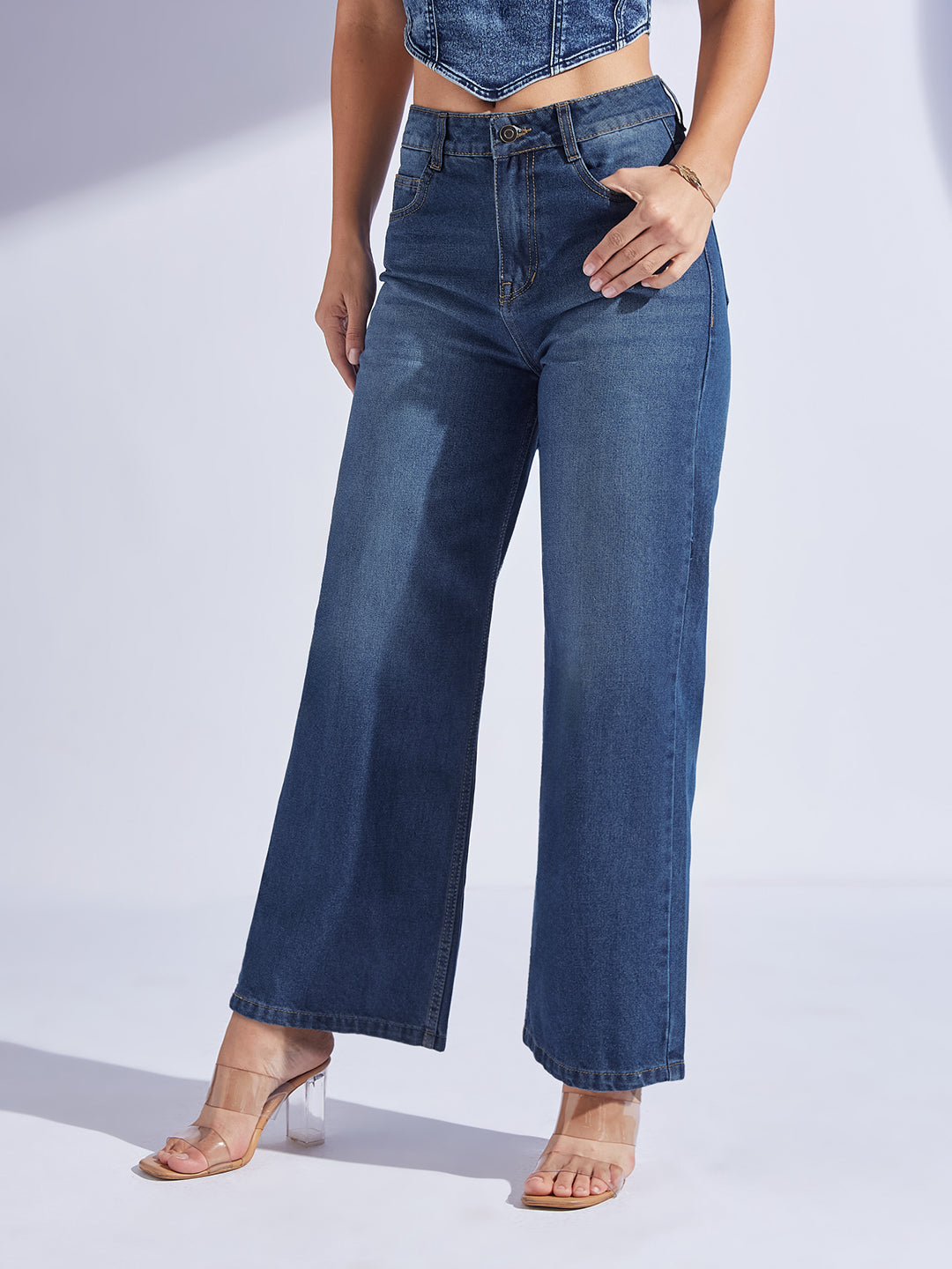Women's Navy Blue Wide-Leg High-Rise Denim Jeans