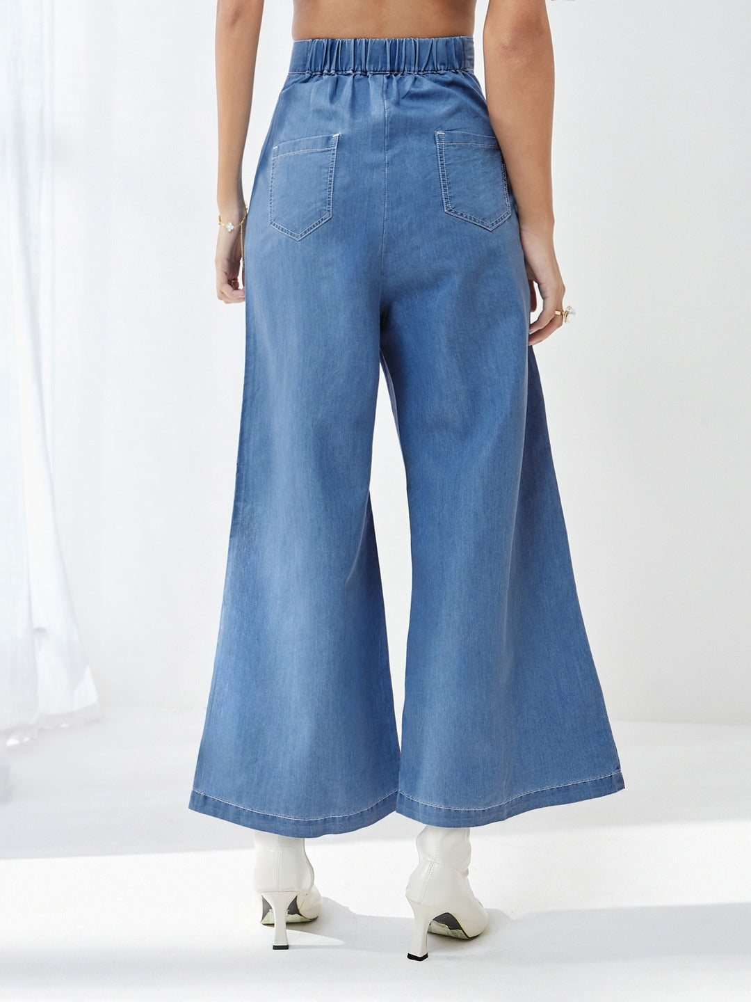 Blue Flared Wide-Leg High Rise Clean Look Regular Length Non Stretchable Light Weight Denim Pants for Women