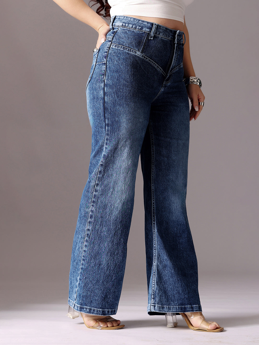 CHASEshape™ Mid-Blue Wide-Leg High-Rise Clean-Look Stretchable Denim Jeans
