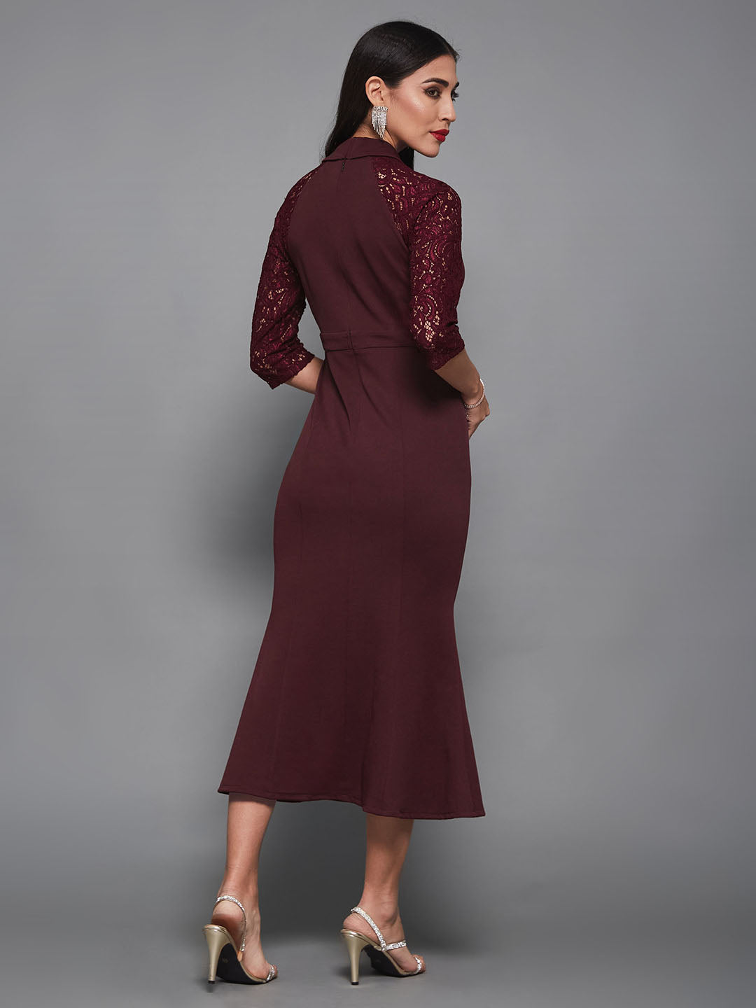 Women's Wine Notched Collar Three-Quarter Sleeve Self-Designed Bodycon Midi Dress