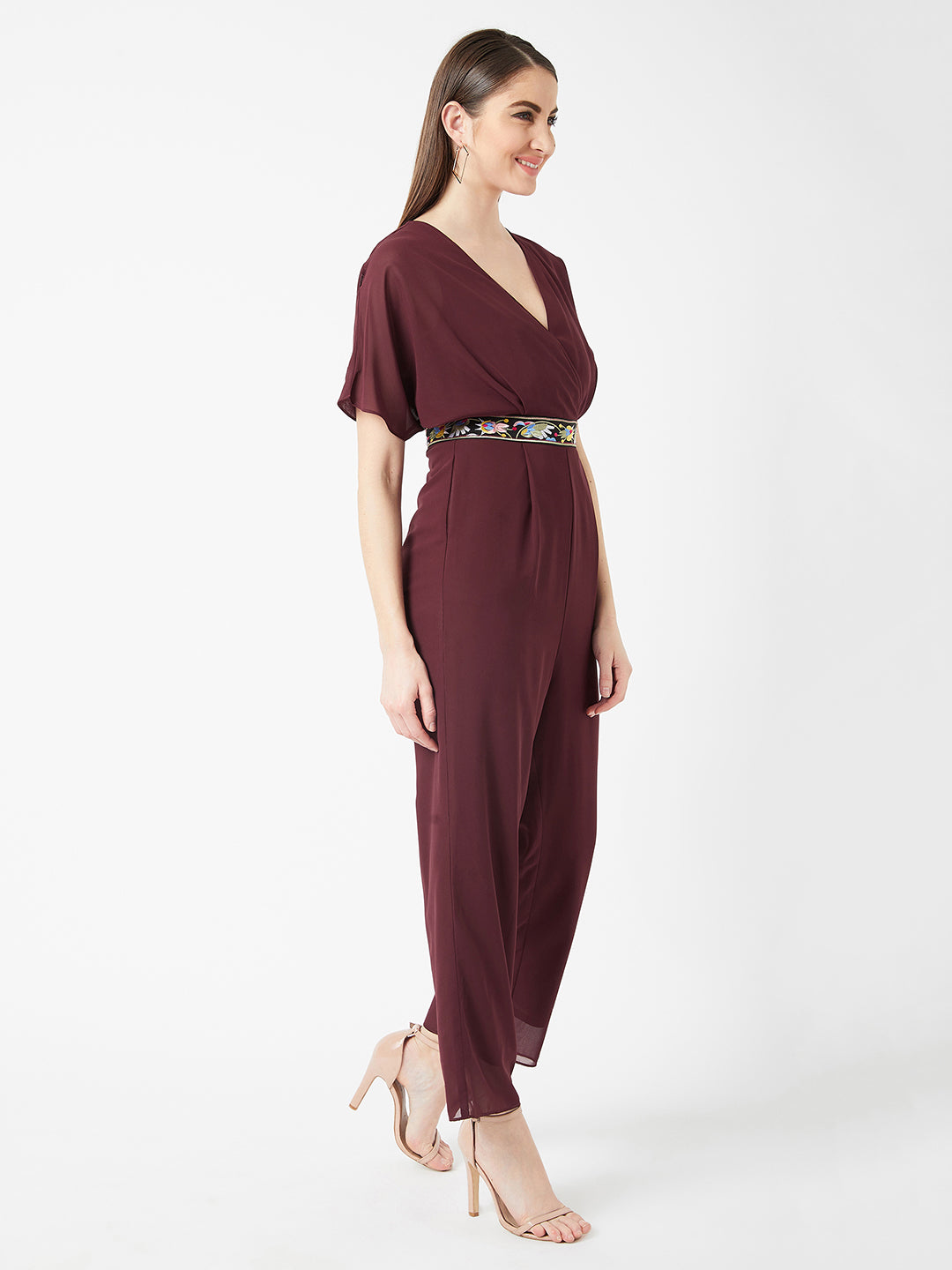 Women's Wine Red V-Neck Flared Solid Regular Length Jumpsuit