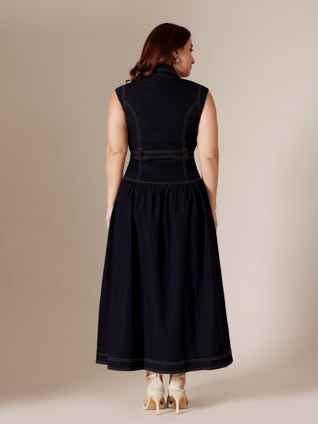 Dark Blue Lightweight Denim Maxi Shirt Dress with Notched Collar and Drop Waist, Sleeveless Fit & Flare for Women