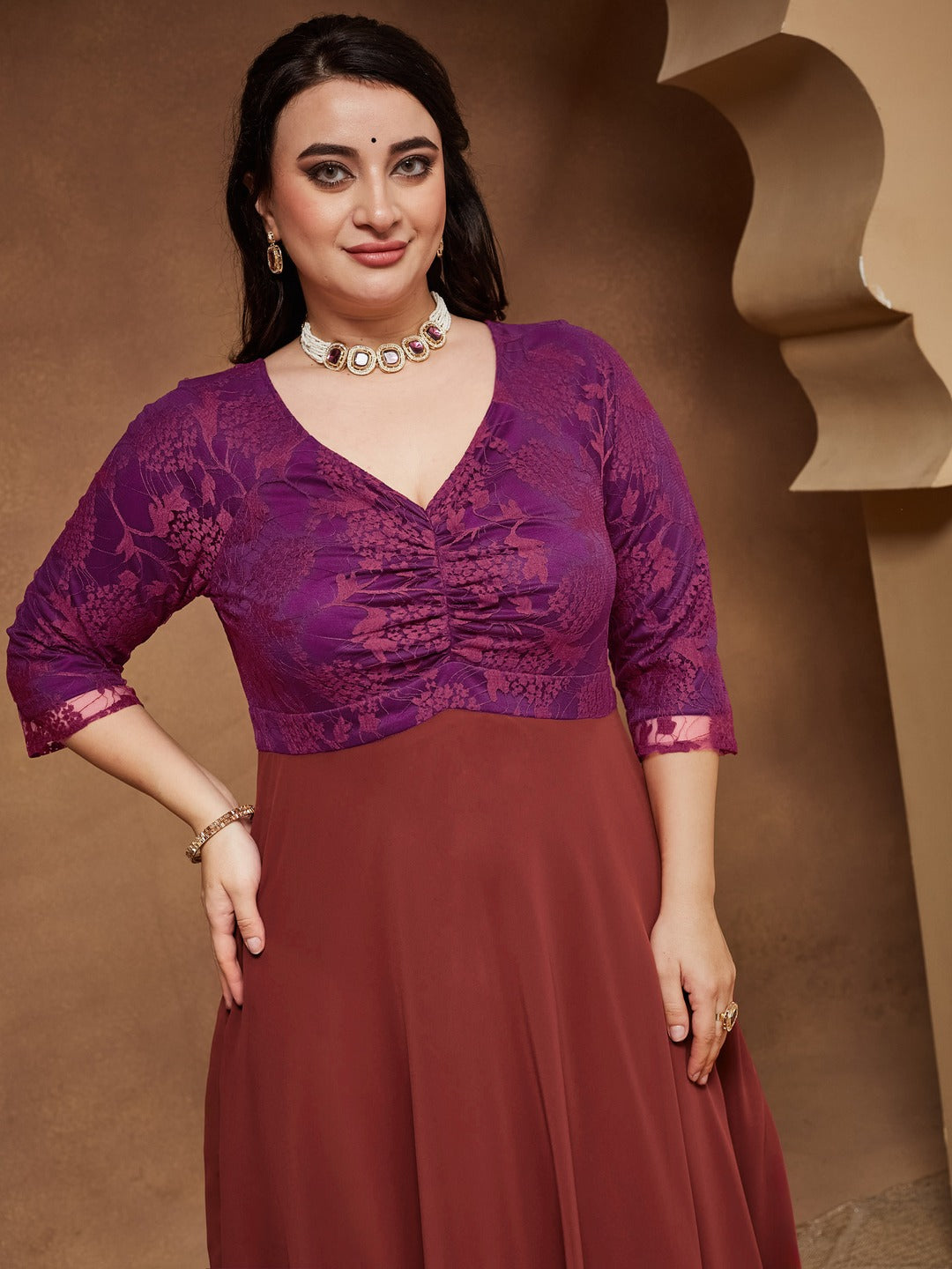 Brick Red Sweet heart neck 3/4 Sleeve Self Design Fit & Flare Maxi Dress for Women