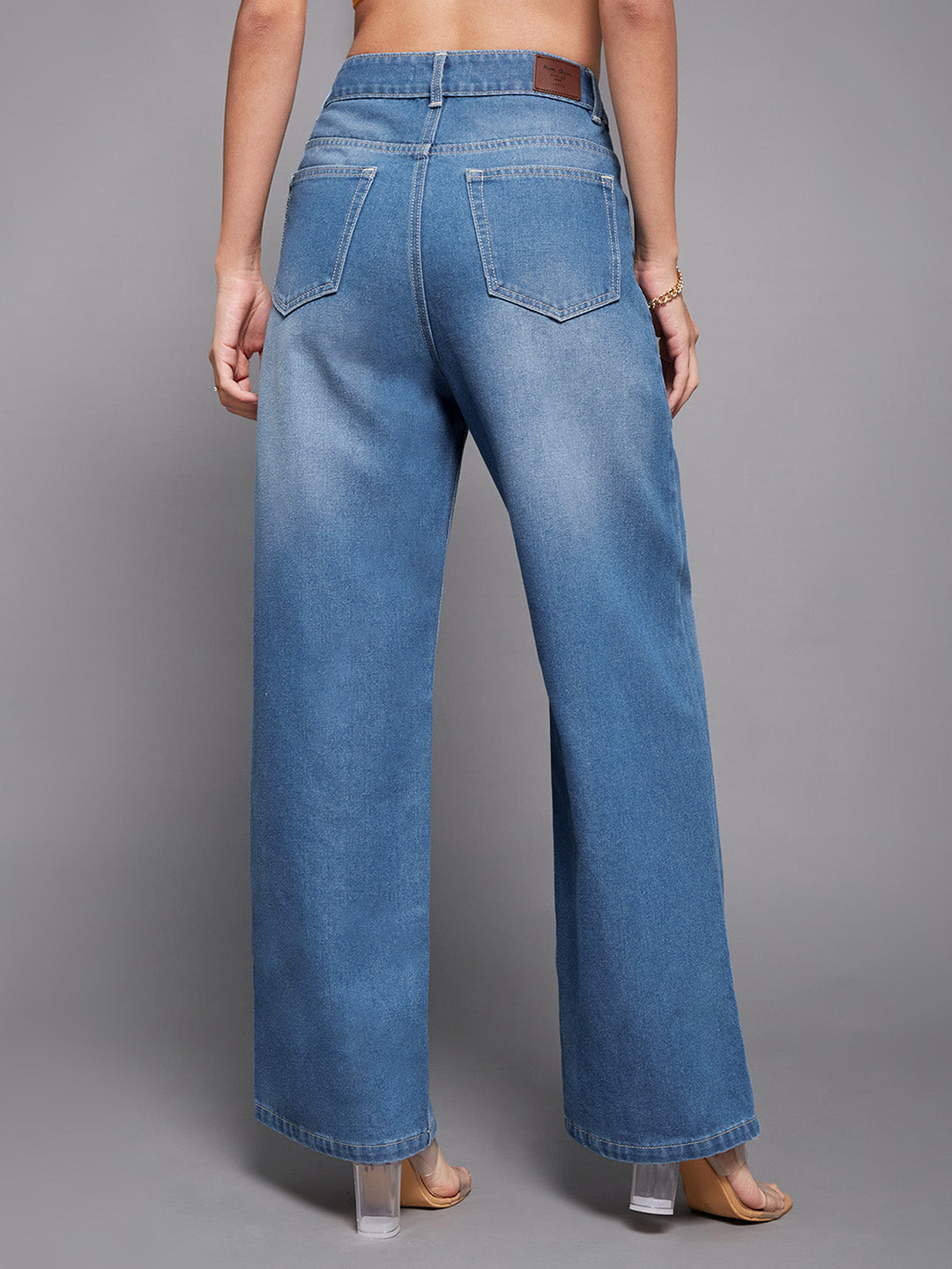 Women's Light Blue Wide-Leg High-Rise Non-stretchable Denim Jeans