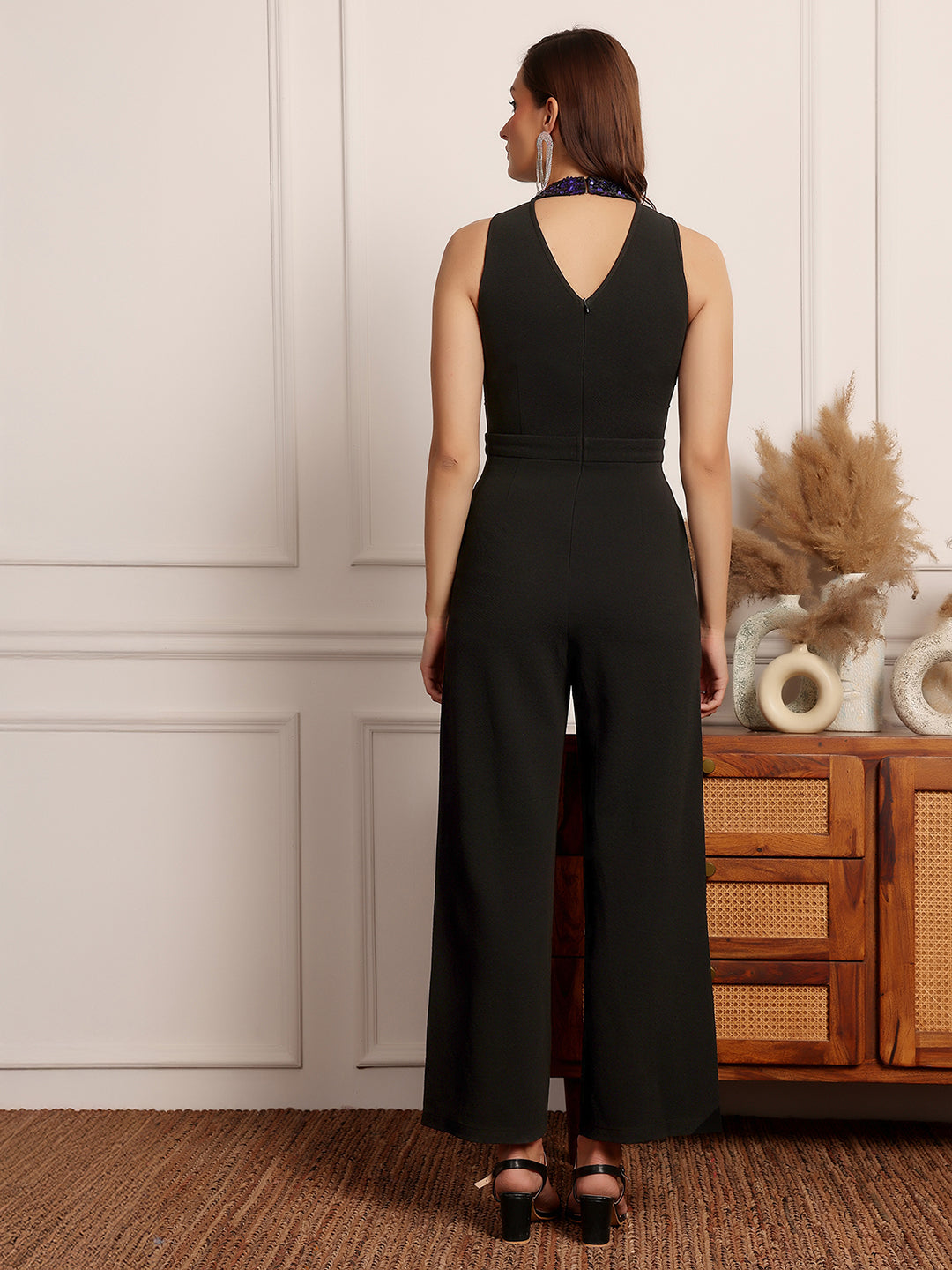 Women's Black And Blue Halter Neck Sleeveless Embellished Regular-Length Jumpsuit