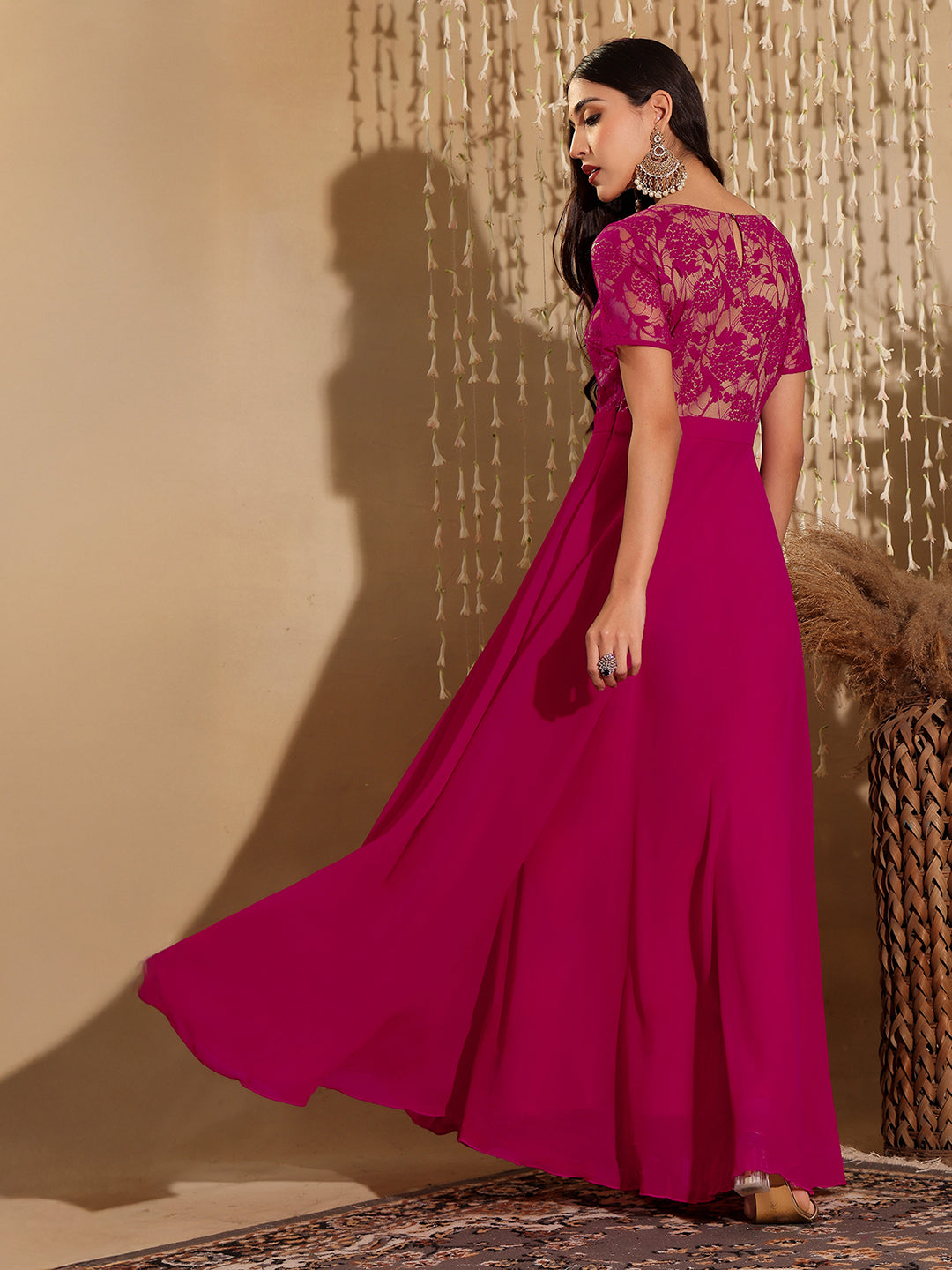Women's Dark Pink Round Neck Half Sleeve Self-Designed Fit & Flare Georgette Maxi Dress