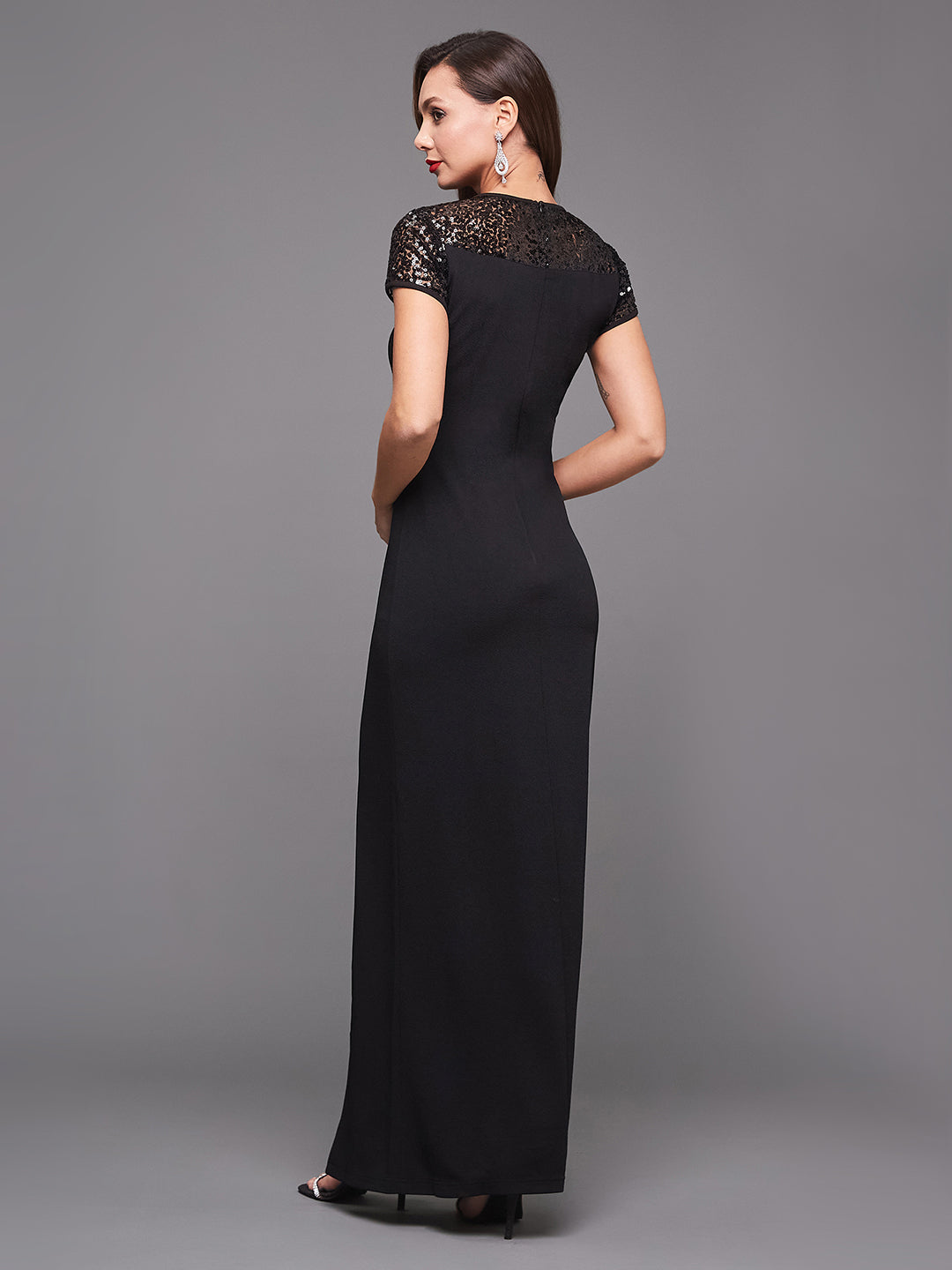Women's Black Round Neck Cap Sleeves Sequin Paneled Solid Bodycon Maxi Dress