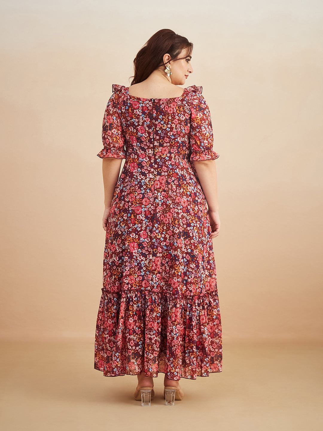 Multicolored-Base-Wine V-Neck Puff Sleeve Floral Ruching Ankle-Length Dress for Women
