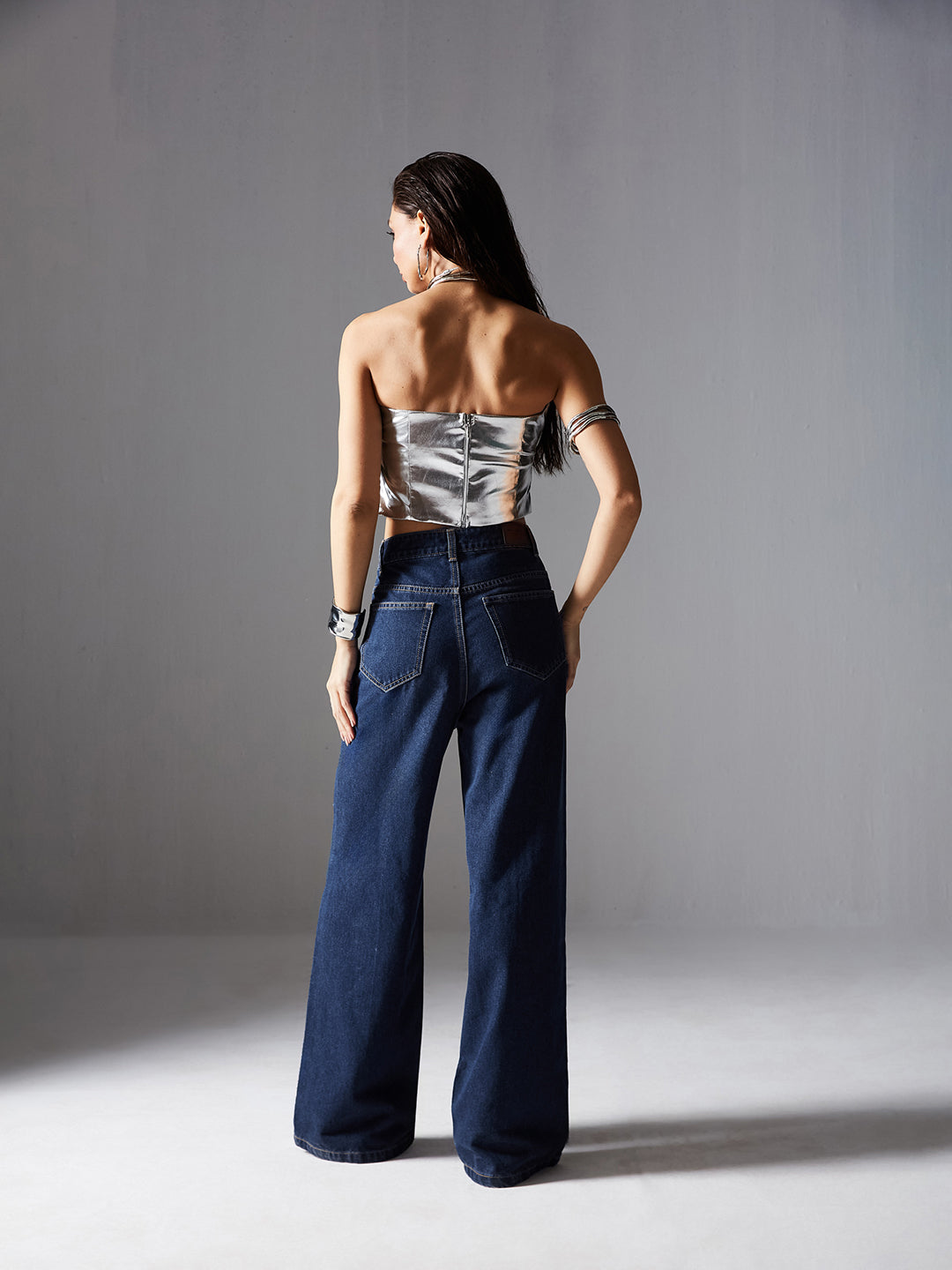 Women's Navy-Blue Wide-Leg High-Rise Non-stretchable Denim Jeans