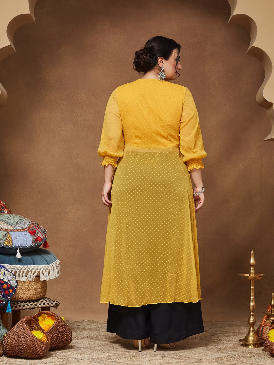 Mustard Yellow V-Neck 3/4 Sleeves solid empire Maxi Top for Women — Miss Chase A+