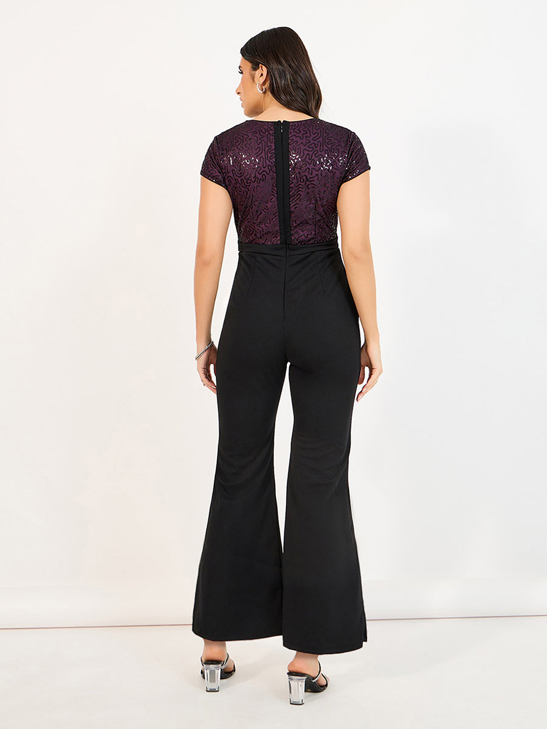 Women's Black V-Neck Short Sleeve Embellished Wrap Polyester Jumpsuit