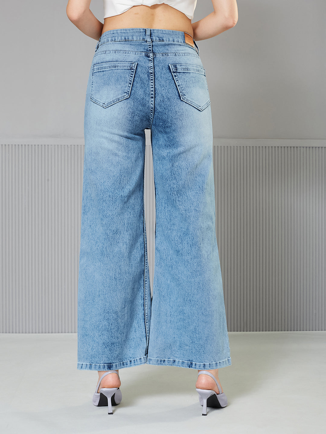 Light Blue Statement Bow Wide-Leg High-Rise Stretchable Denim Jeans for Women
