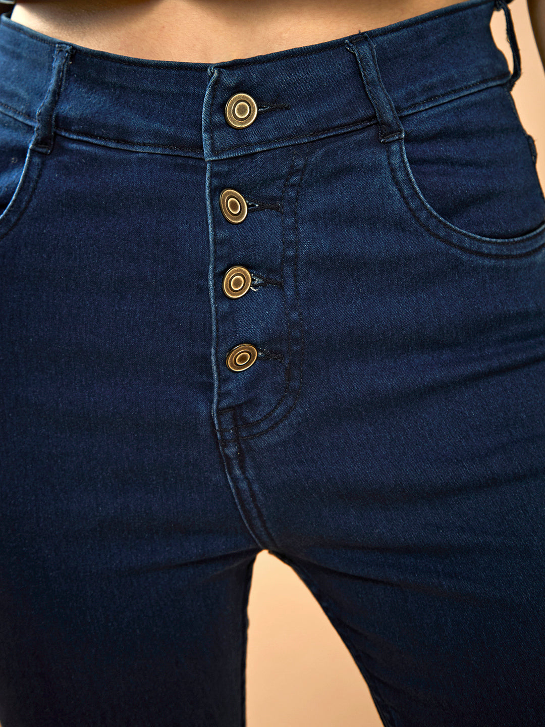 Women's Navy-Blue Skinny High-Rise Clean-Look Solid Fringed Hemline Cropped Stretchable Denim Jeans