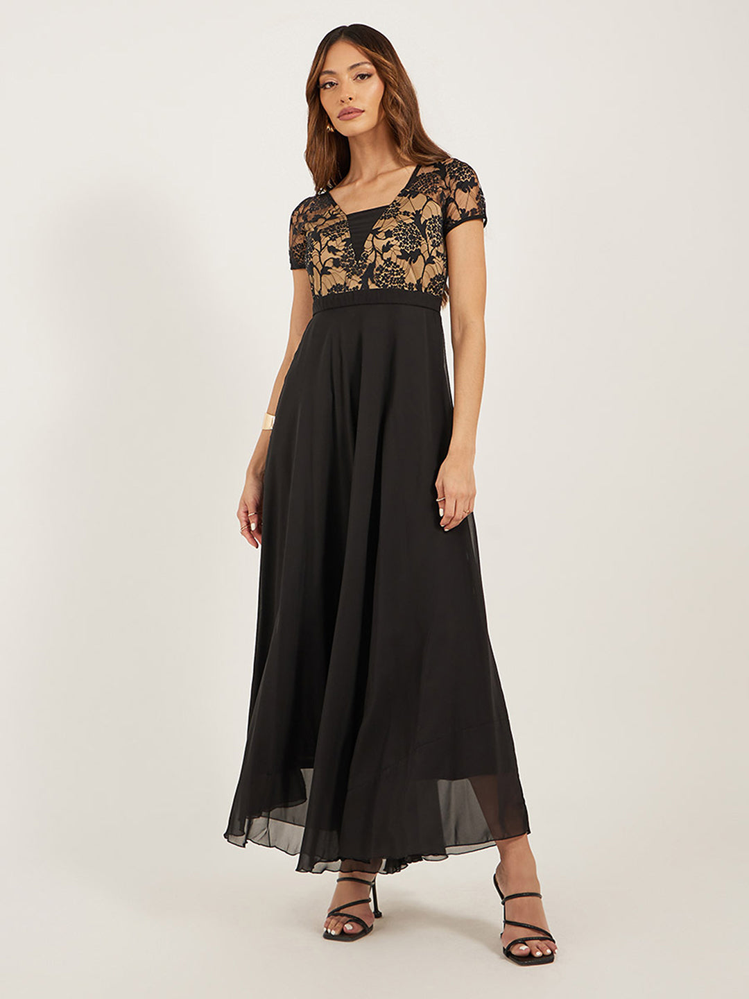 Women's Black Square Neck Raglan Short Sleeve Self Design Lace Overlaid Georgette Maxi Dress