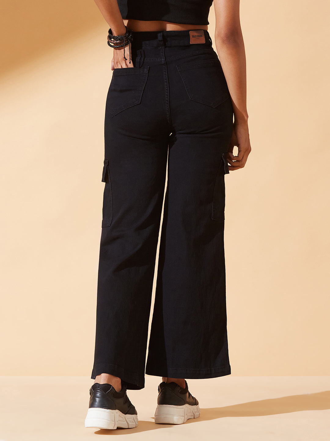 Black Wide-Leg High-Rise Regular Stretchable Denim Jeans for Women