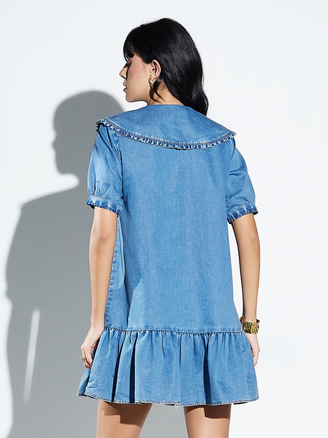 Mid Blue Peter Pan Collar With Mini Ruffles Puff Sleeves Solid A-Line Mini Gathered Dress Mini Denim Dress For Women — Miss Chase