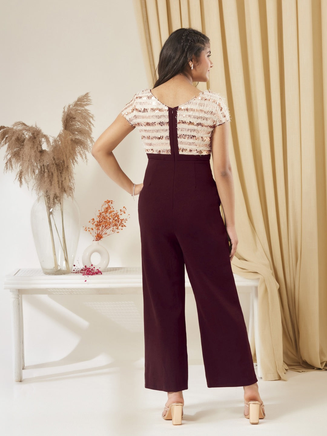 Wine & Beige Round Neck Short Sleeve Embellished Front Slit Fringed Regular Jumpsuit for Girls/Teenagers