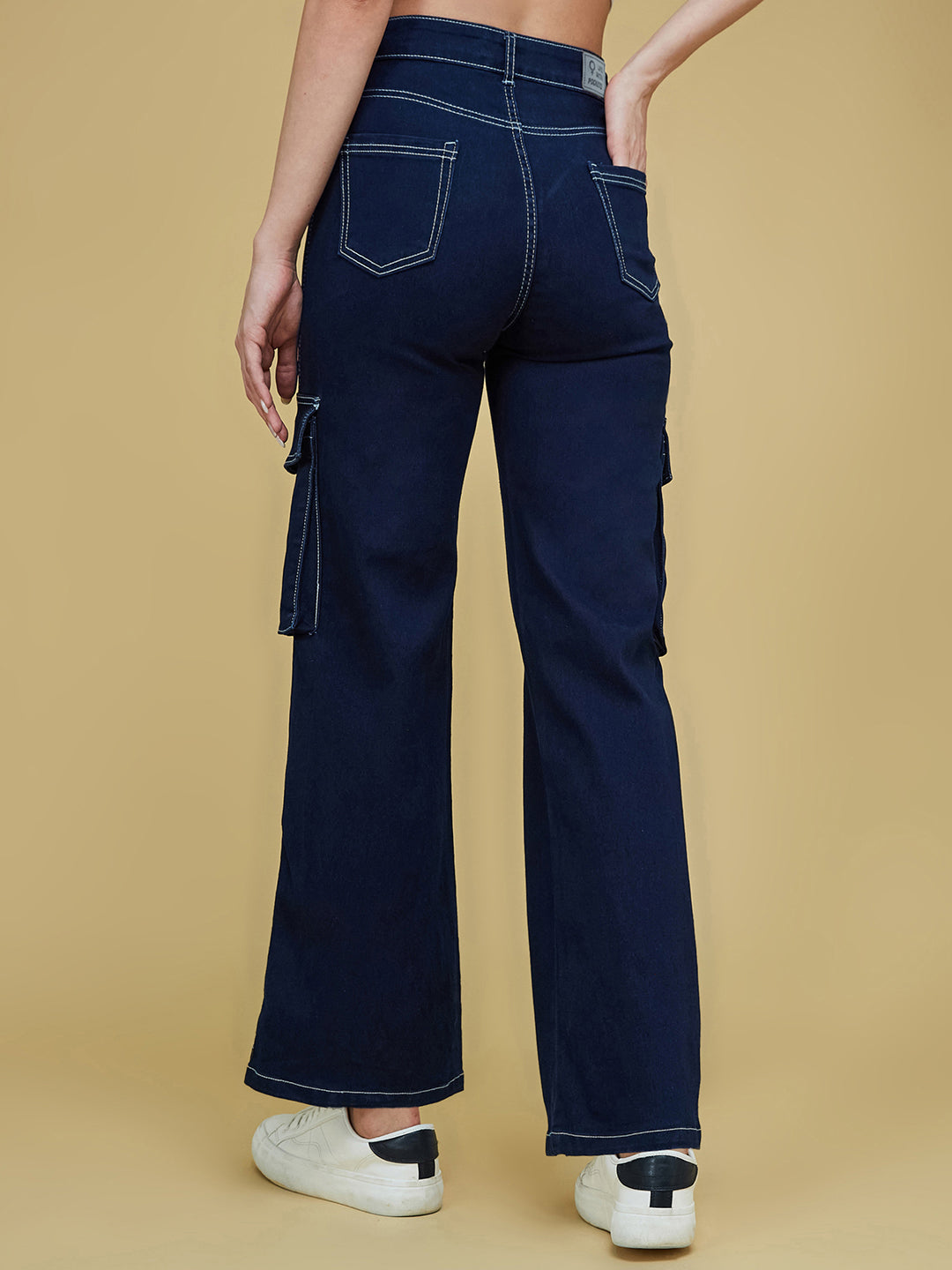 Women's Navy Blue Wide-Leg High-Rise Clean-Look Regular Stretchable Denim Jeans