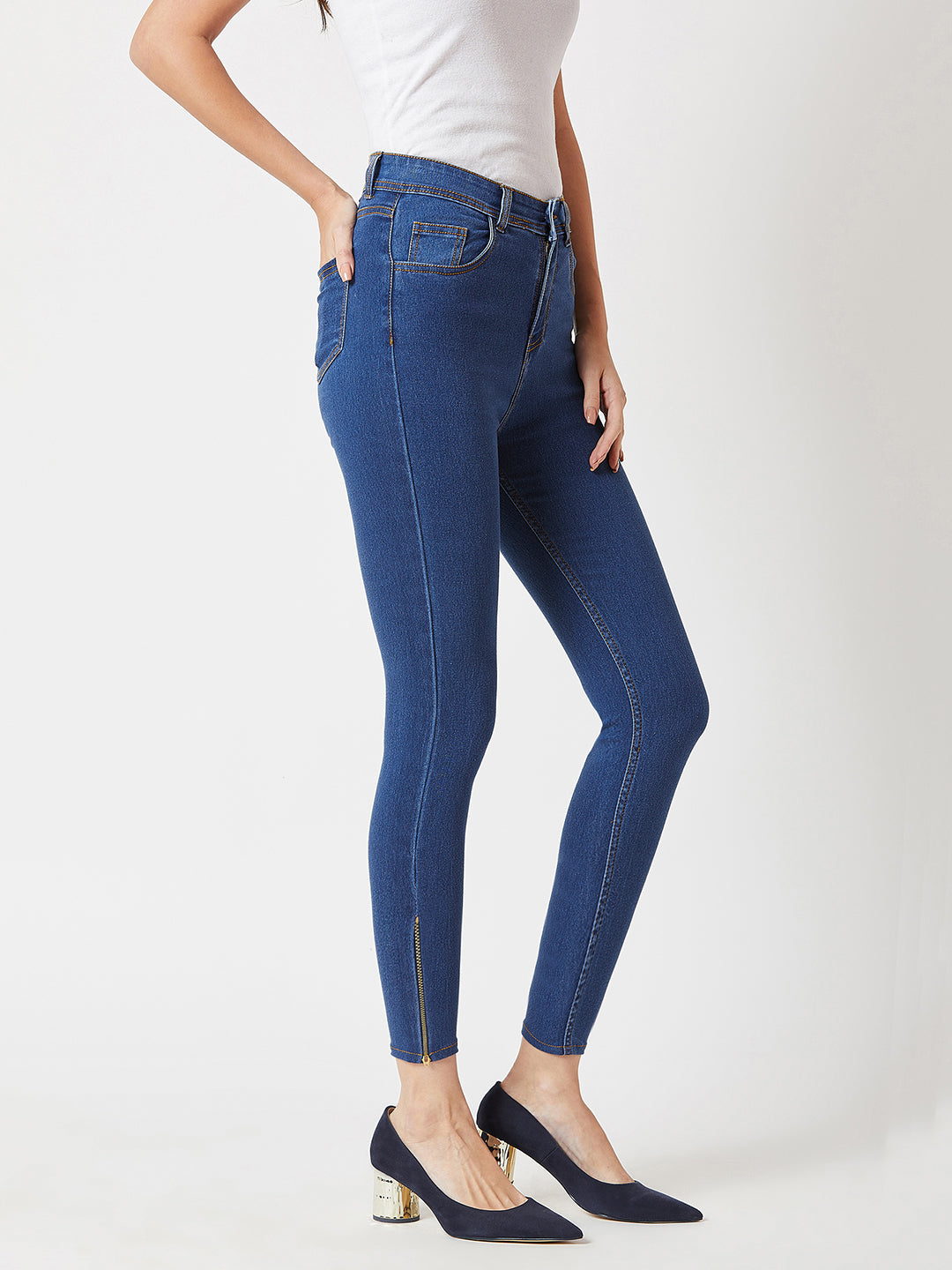 Women's Blue Skinny High-Rise Distressed Cropped Denim Jeans