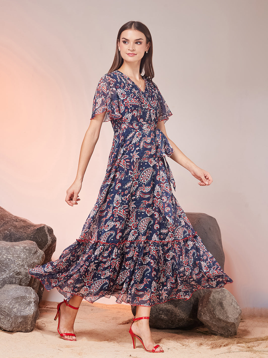 Navy Blue Floral Printed Flutter Sleeves Maxi Dress for Women
