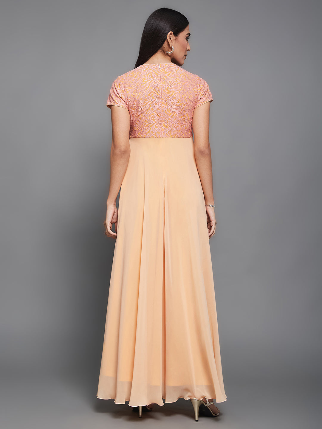 Women's Peach Wrap-Styled Short Sleeve Self-Designed Maxi Georgette Dress