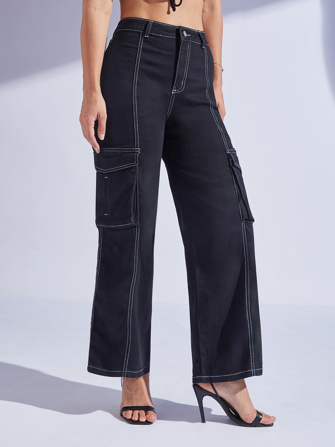 Women's Black Wide-Leg High-Rise Clean-Look Regular-Length Stretchable Patch-Pocketed Denim Jeans