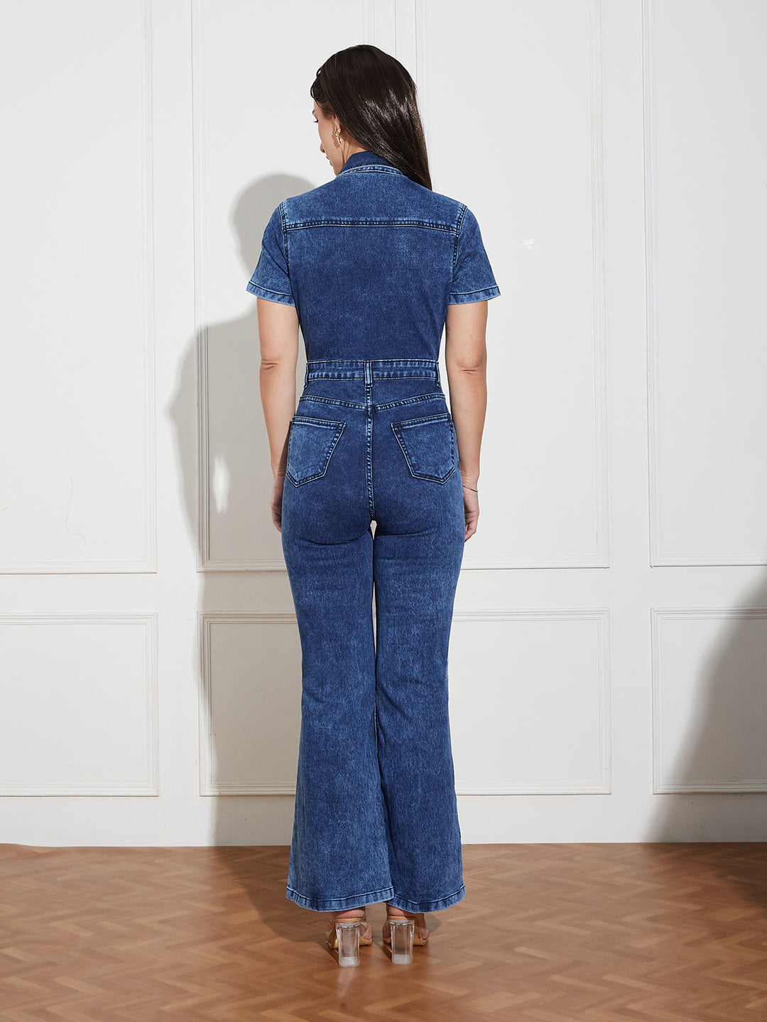 Women's Black Flared High Rise Regular Stretchable Denim Jumpsuit