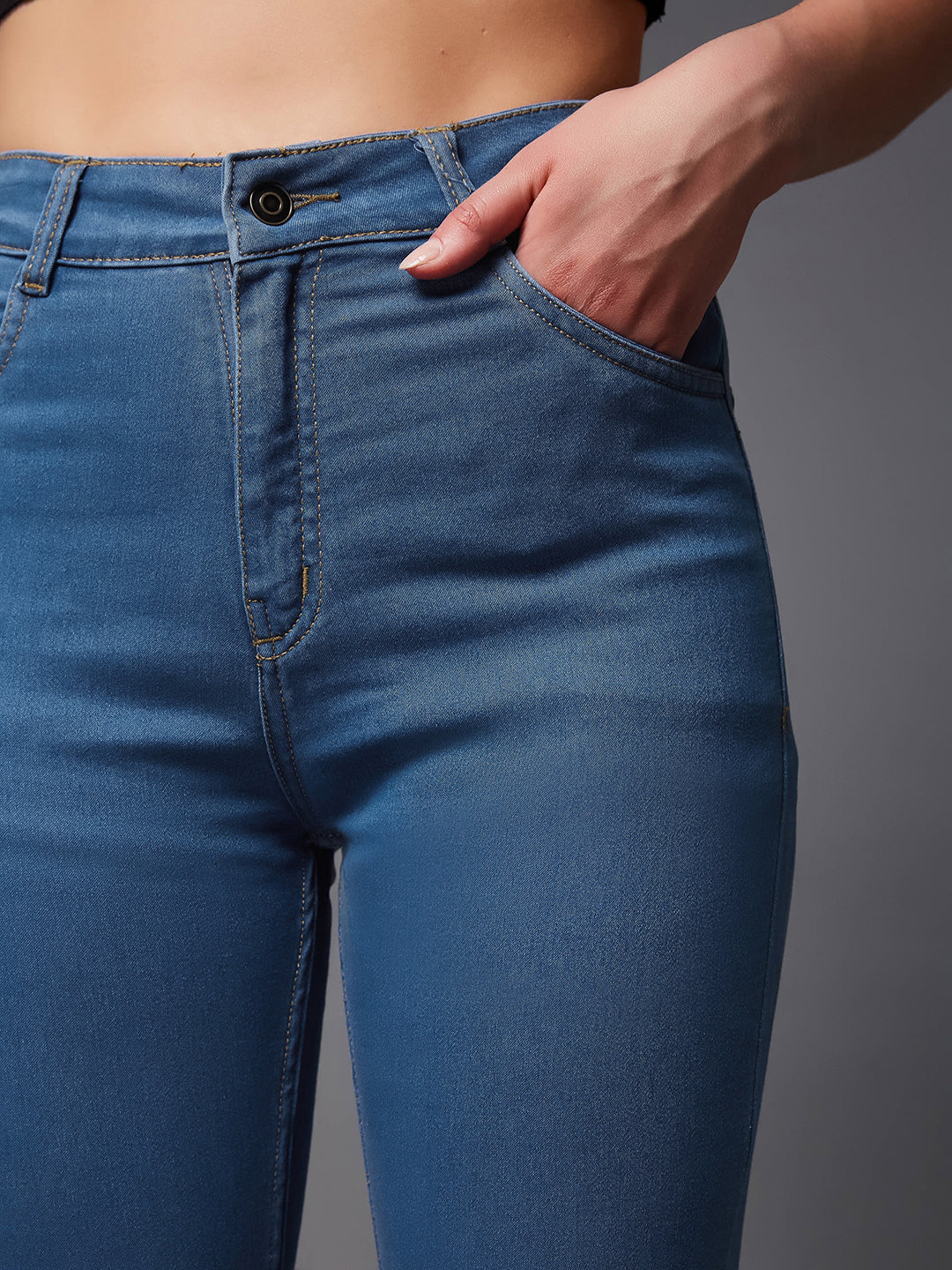 Women's Blue Skinny High-Rise Cropped-Length Fringe Detailing Stretchable Denim Jeans