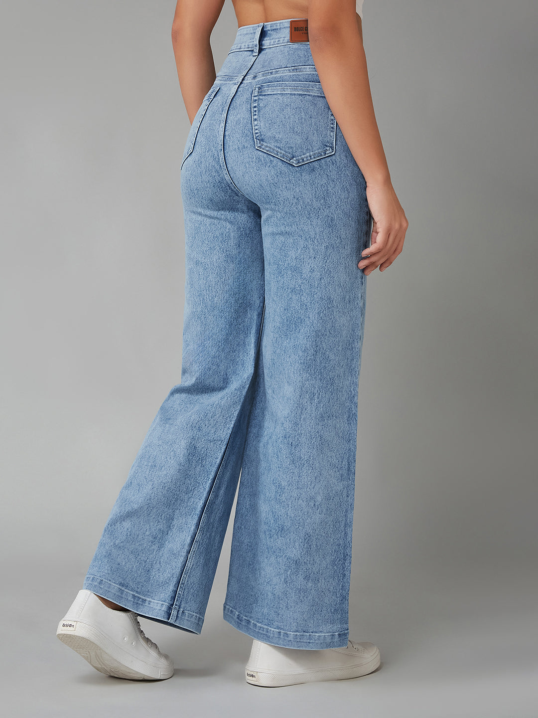 Women's Light Blue Wide-Leg High-Rise Clean-Look Regular Stretchable Denim Jeans