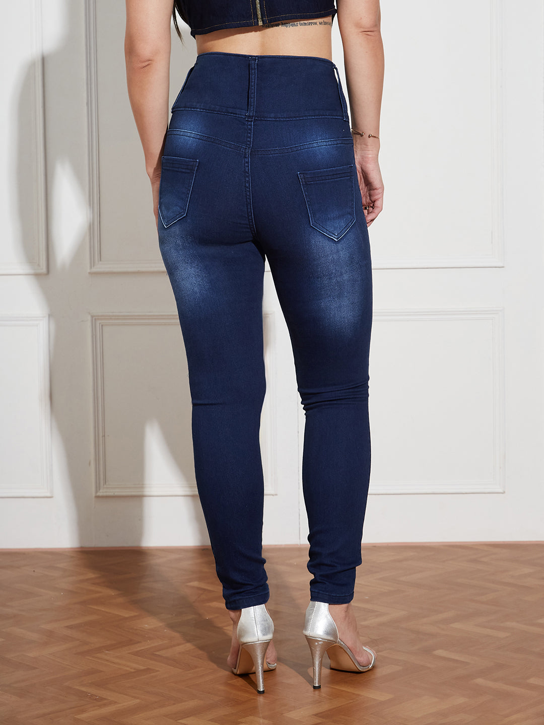 Women's Navy Blue Skinny Fit High Rise Clean Look Regular Length Double Knee Slit Stretchable High Waist Denim Jeans