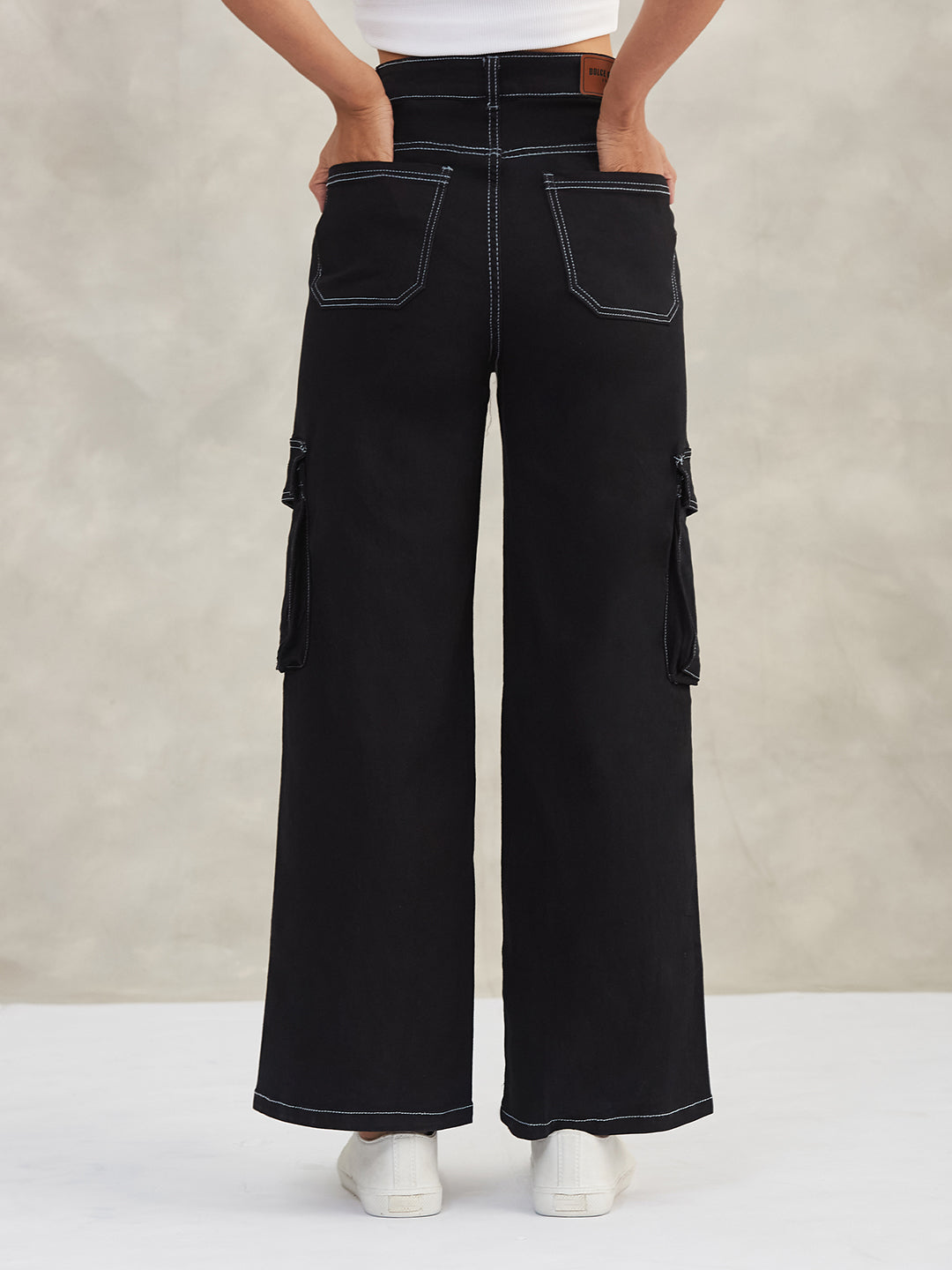 Women's Black Wide-Leg High-Rise Clean-Look Regular-Length Stretchable Patch-Pocketed Denim Jeans