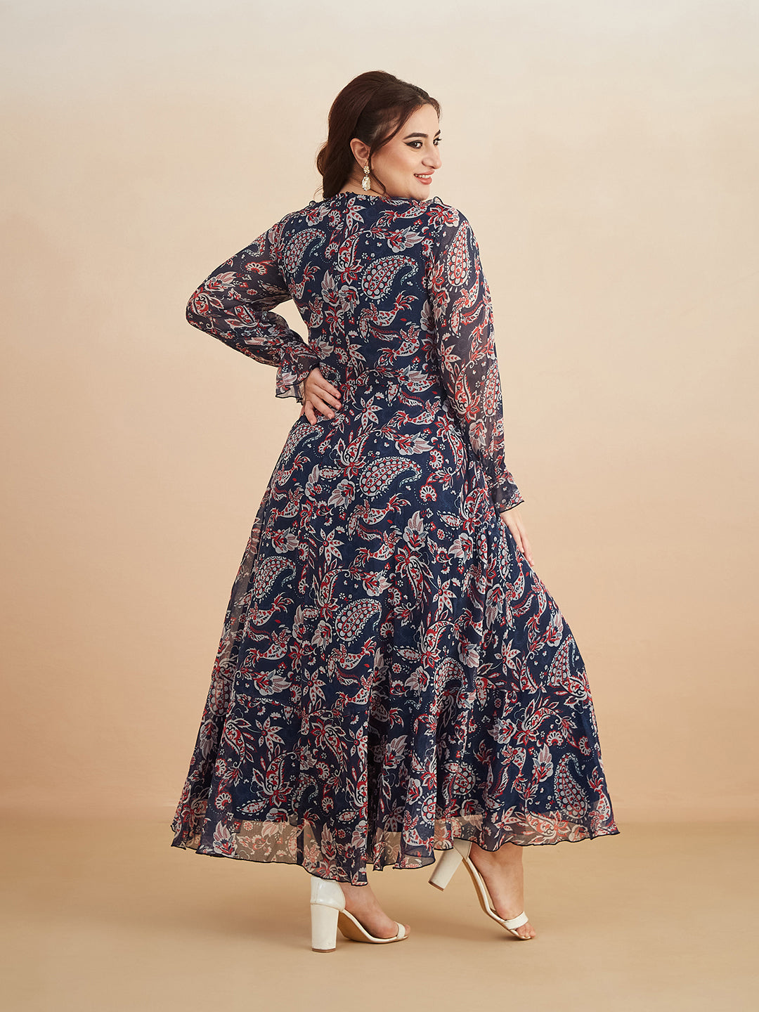 Multicolored-Base-Navy-Blue V-Neck Full Sleeves Polyester Relaxed Fit Midi Length Dress for Women
