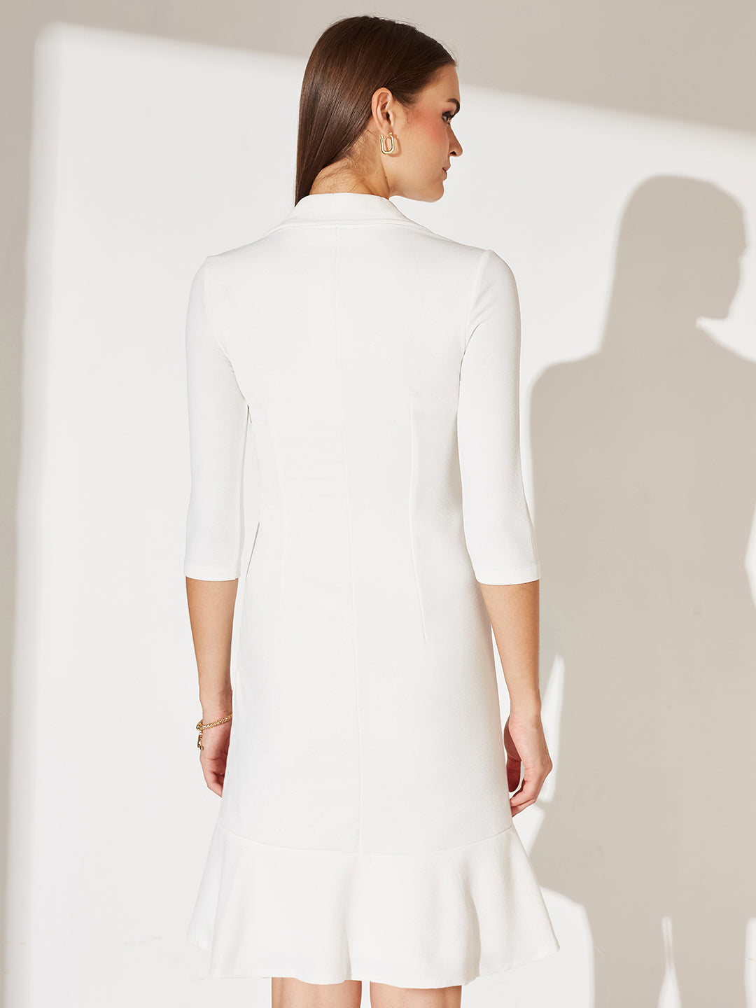 Women's Off White Solid Double Breasted Knee Length Dress