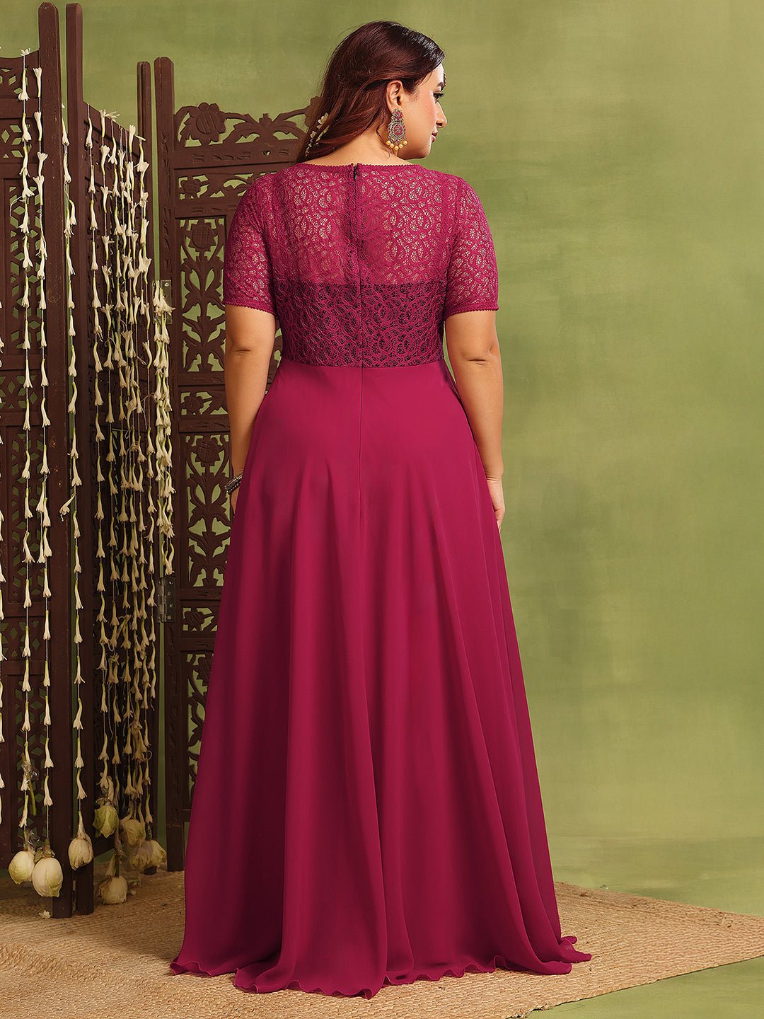 Dark Pink Short Sleeves Lace Fit and Flare Maxi Dress for Women