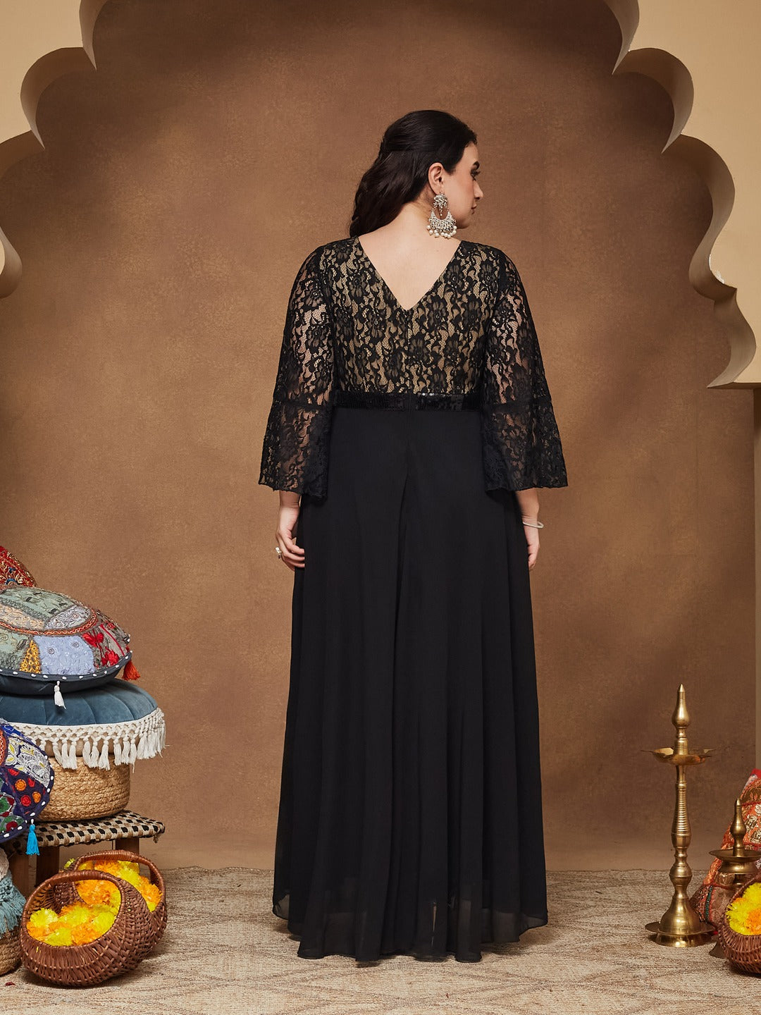 Black Sweetheart-Neck Full Sleeve Floral Lace-Overlaid Georgette Maxi Dress for Women