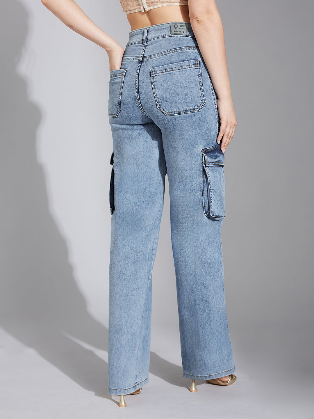 Women's Blue Wide-Leg High-Rise Clean-Look Stretchable Patch-Pocketed Denim Jeans