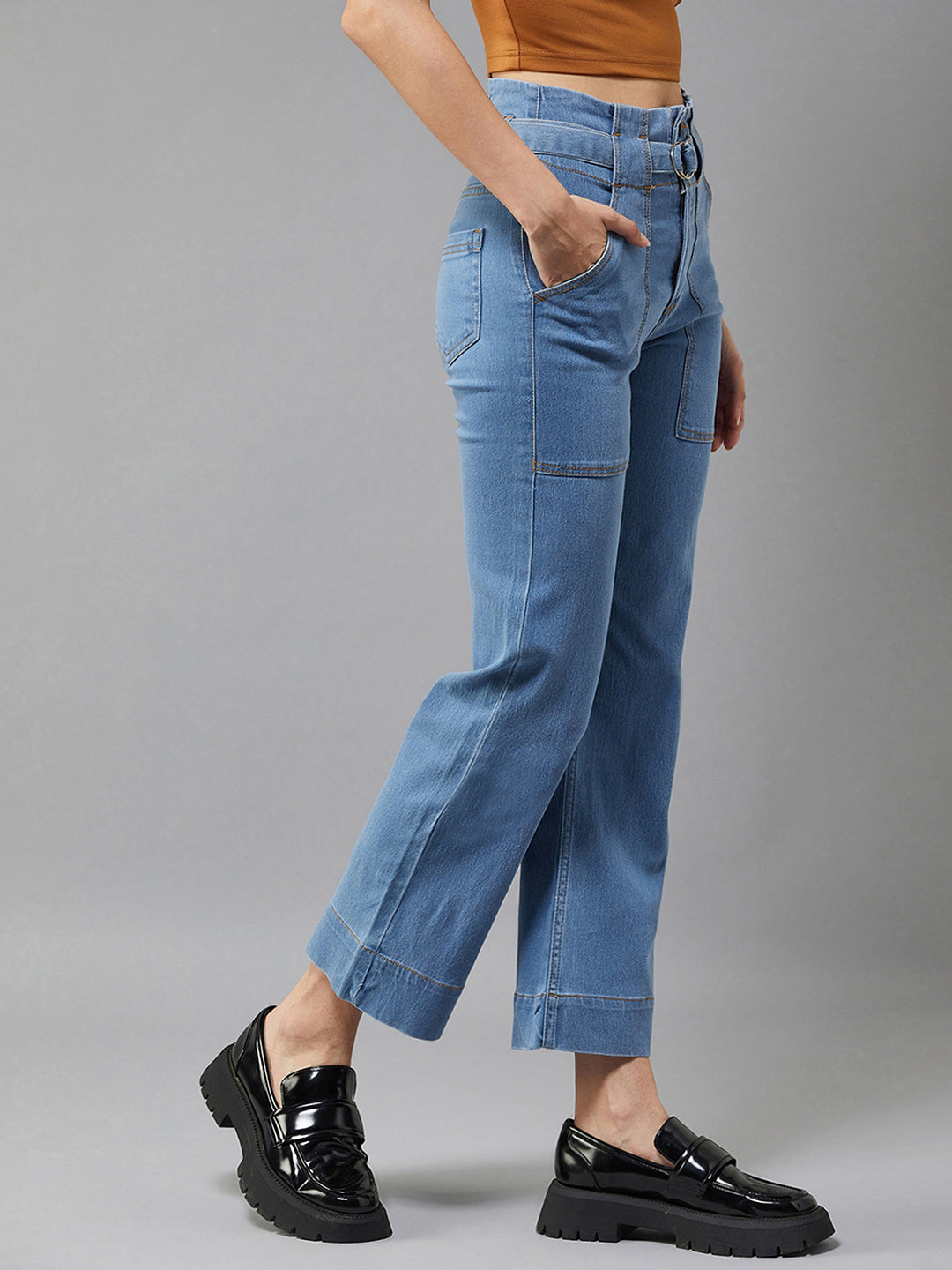 24/7 Comfort Light Blue flared High-Rise Clean-Look Cropped Stretchable Denim Jeans
