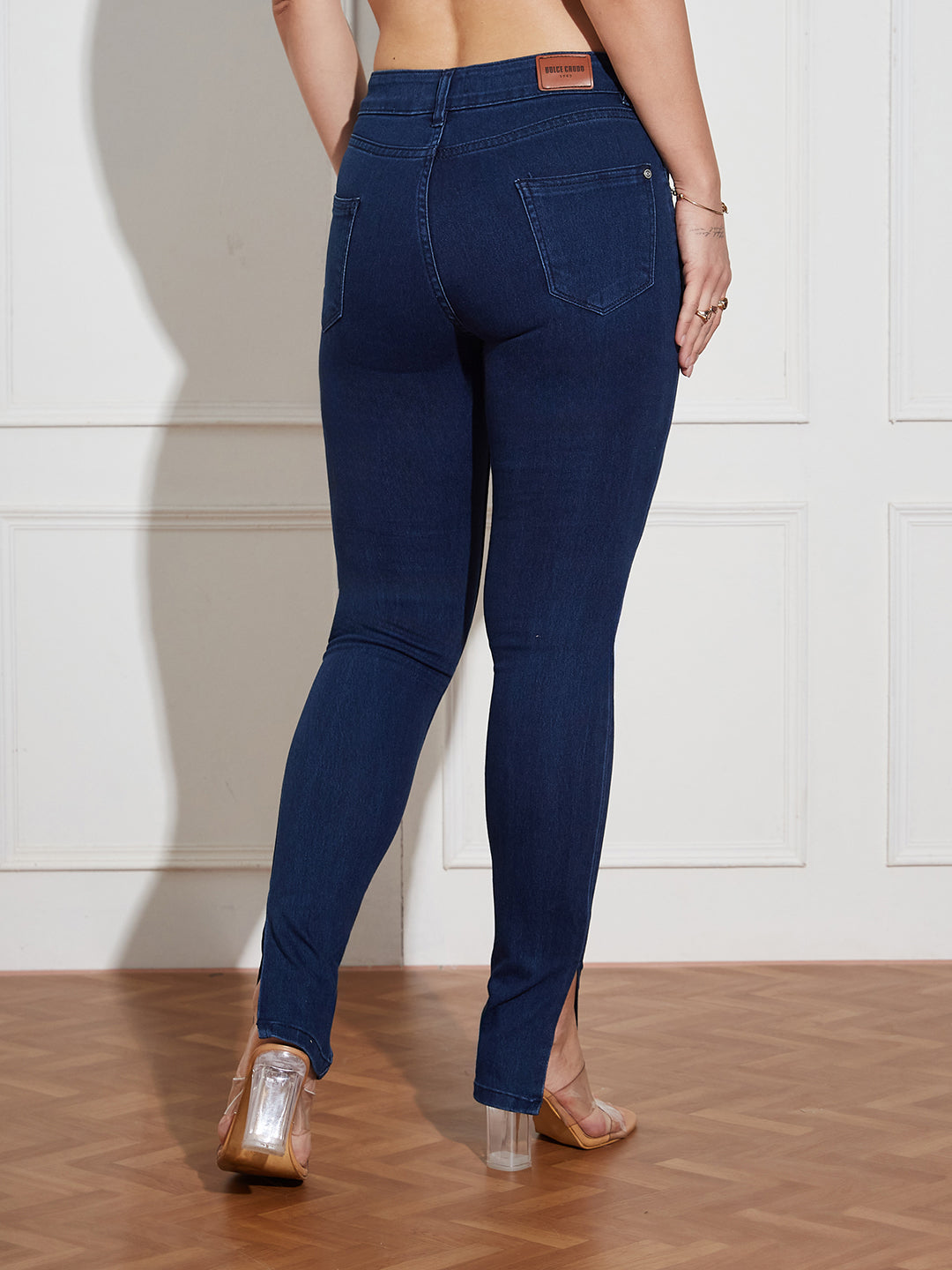 Women's Navy Blue Skinny Fit Mid Rise Cropped Length Side Slit Denim Stretchable Jeans