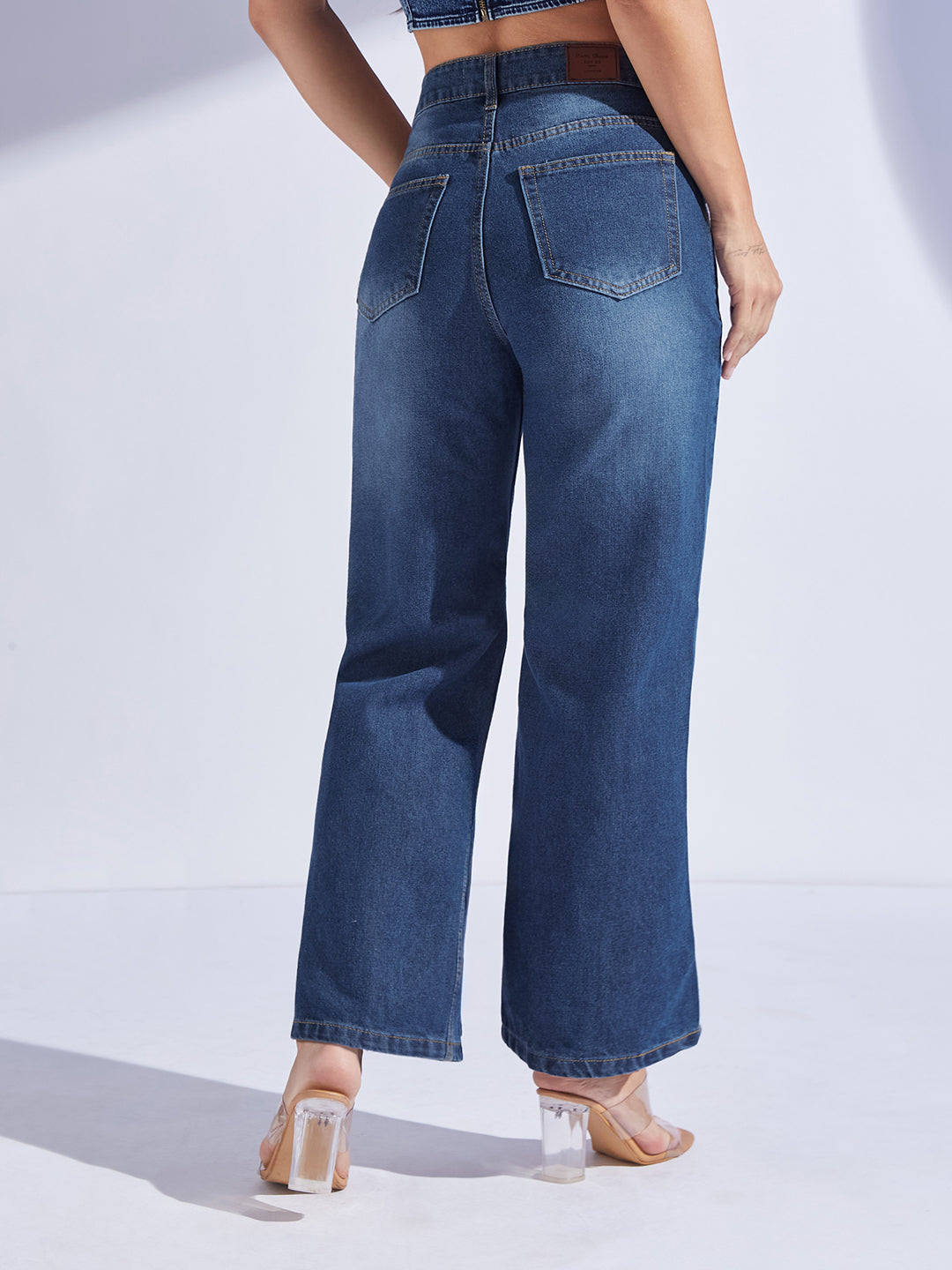 Women's Navy Blue Wide-Leg High-Rise Denim Jeans